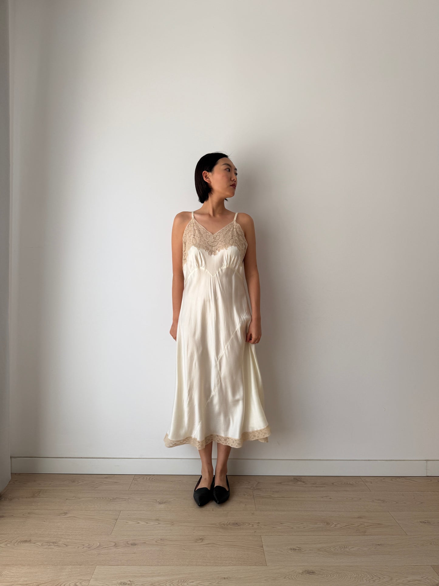1940s Vintage Silk Satin Slip Dress, Antique Lace Bridal Lingerie