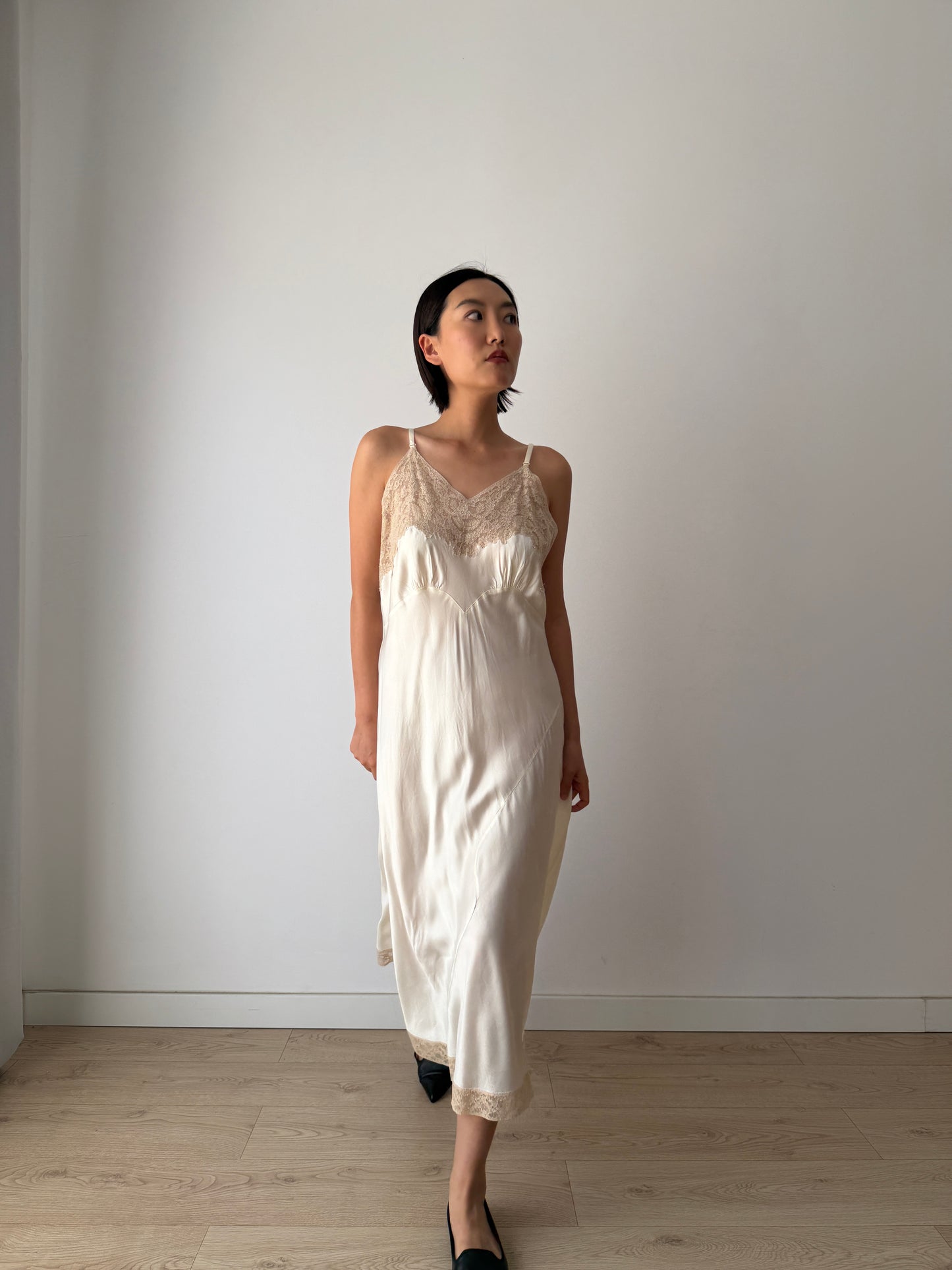 1940s Vintage Silk Satin Slip Dress, Antique Lace Bridal Lingerie