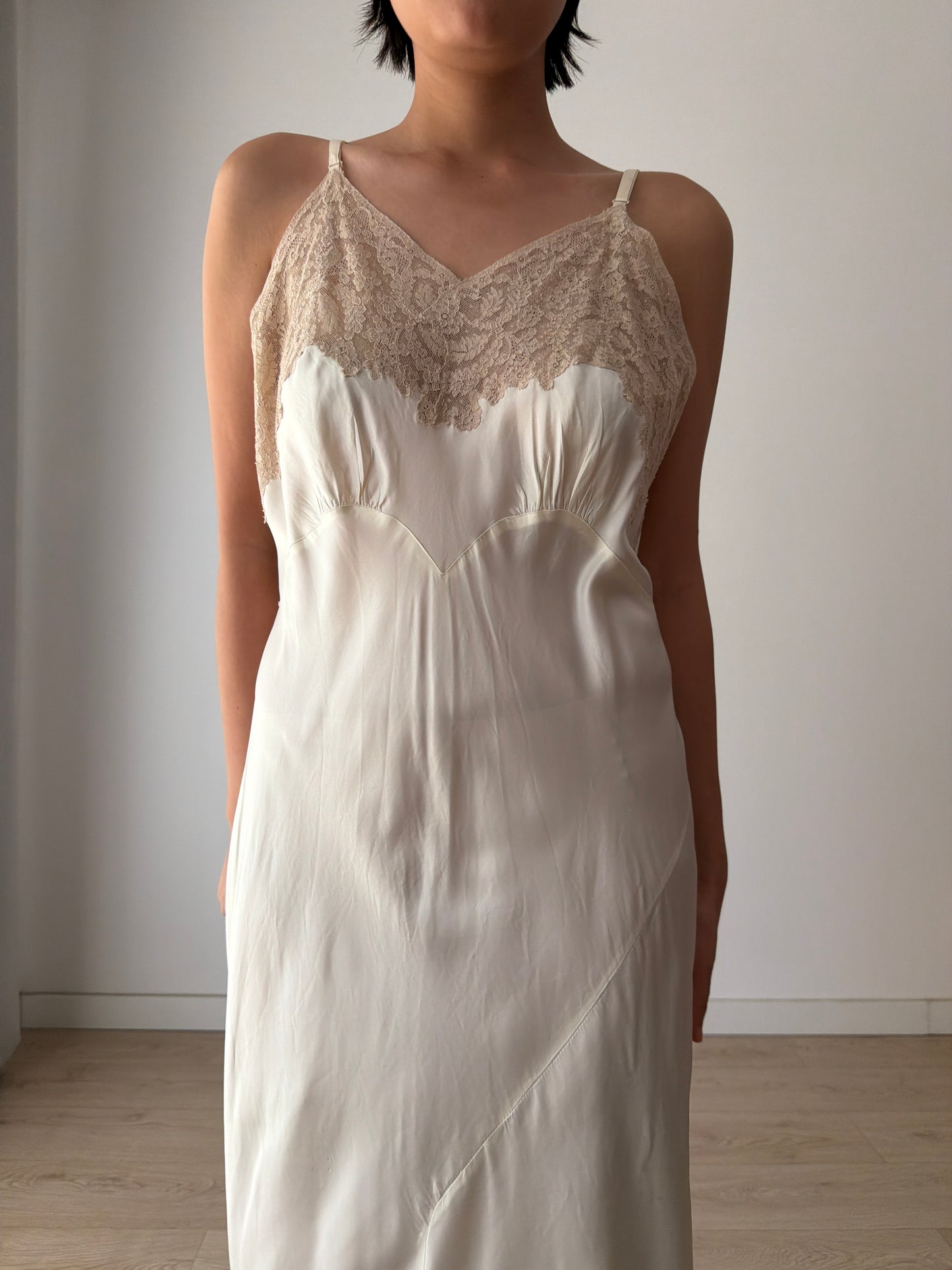 1940s Vintage Silk Satin Slip Dress, Antique Lace Bridal Lingerie