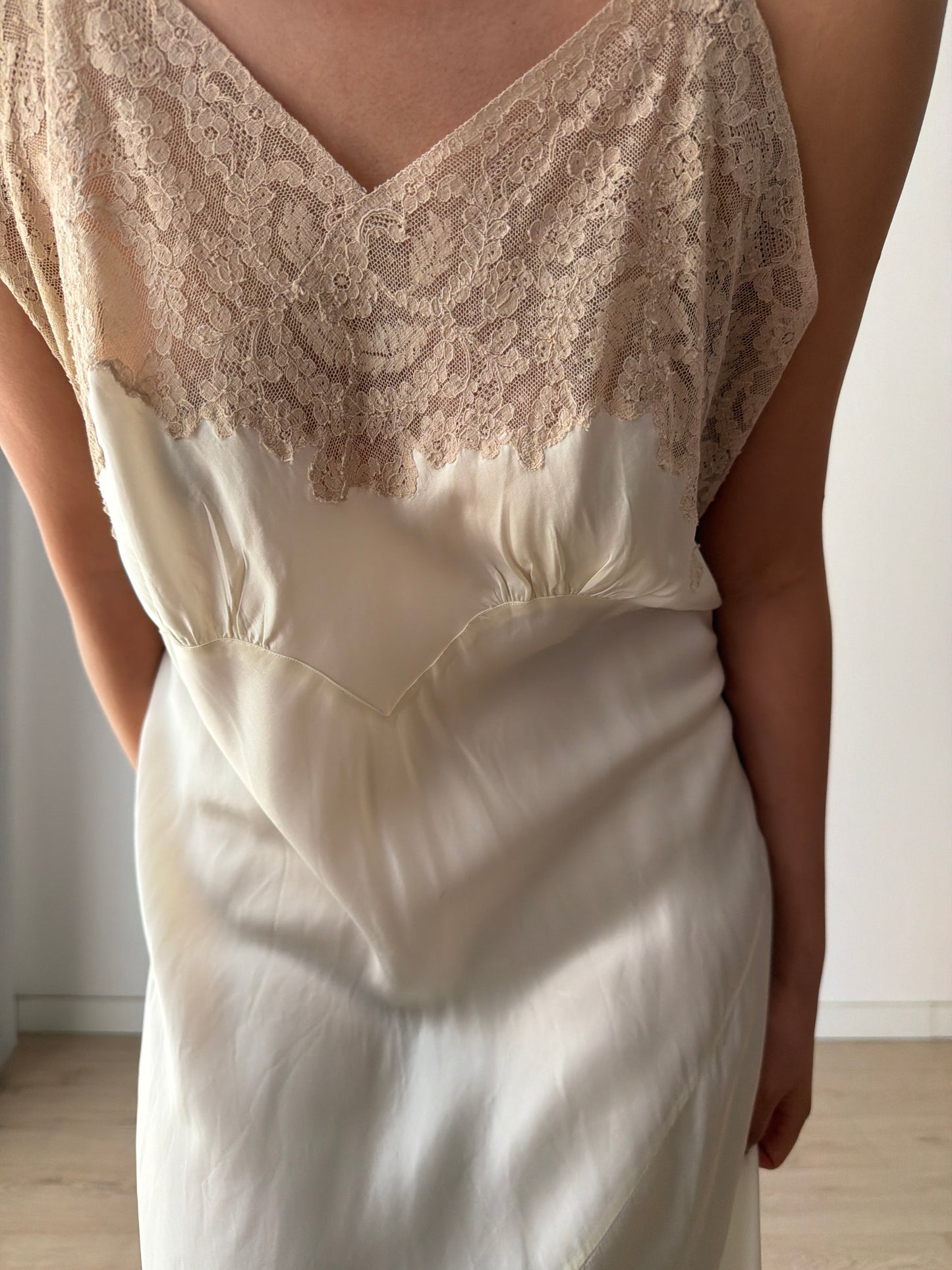 1940s Vintage Silk Satin Slip Dress, Antique Lace Bridal Lingerie