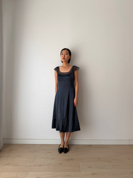 Vintage 90s Chic Y2K dark blue pure silk midi dress