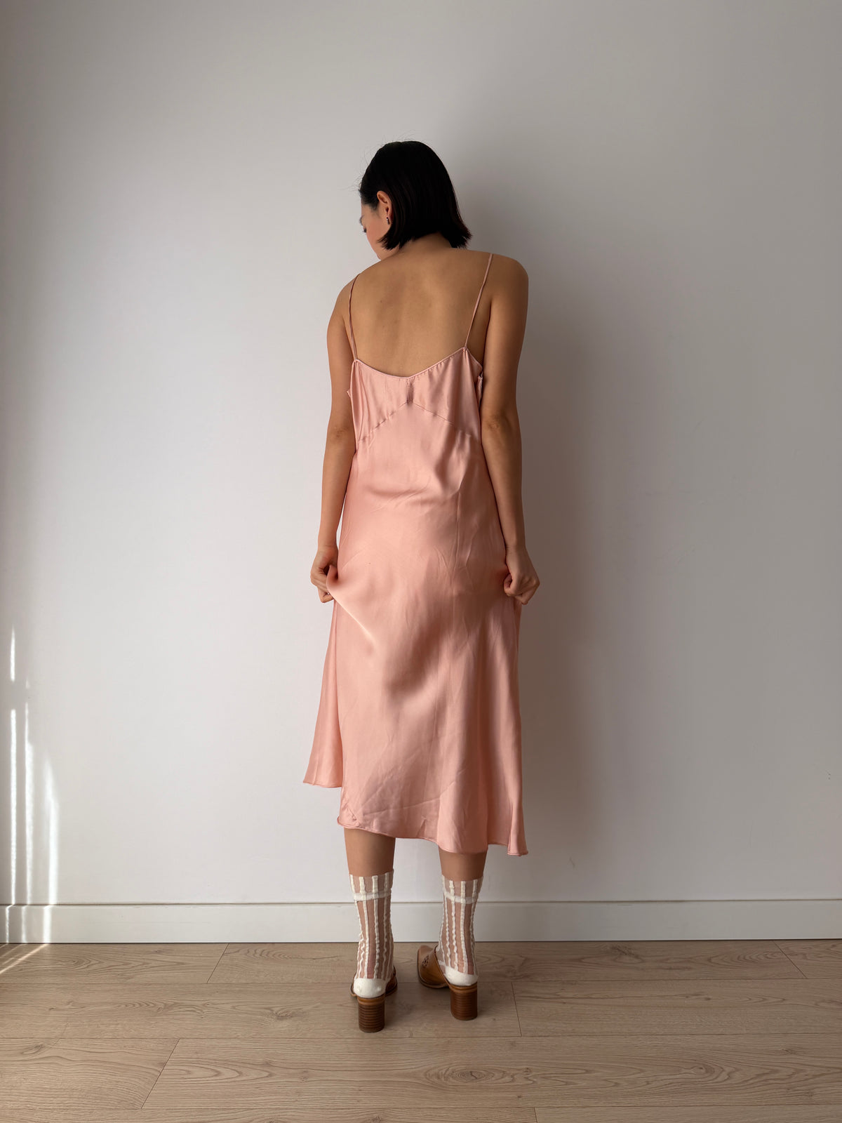 1930s Peach Satin Slip Dress | Antique Lace Bodice Bias Cut Midi Gown