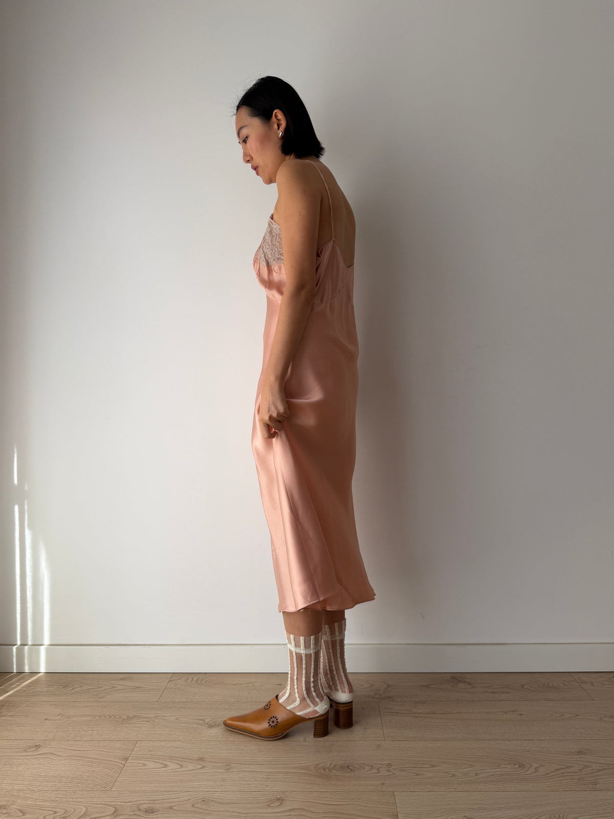 1930s Peach Satin Slip Dress | Antique Lace Bodice Bias Cut Midi Gown