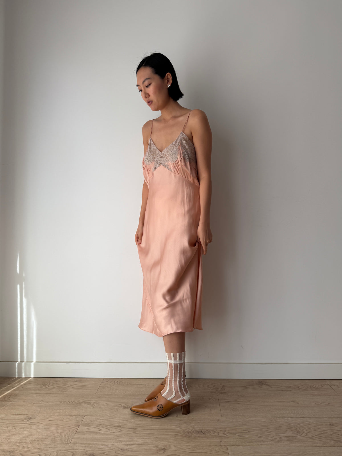 1930s Peach Satin Slip Dress | Antique Lace Bodice Bias Cut Midi Gown