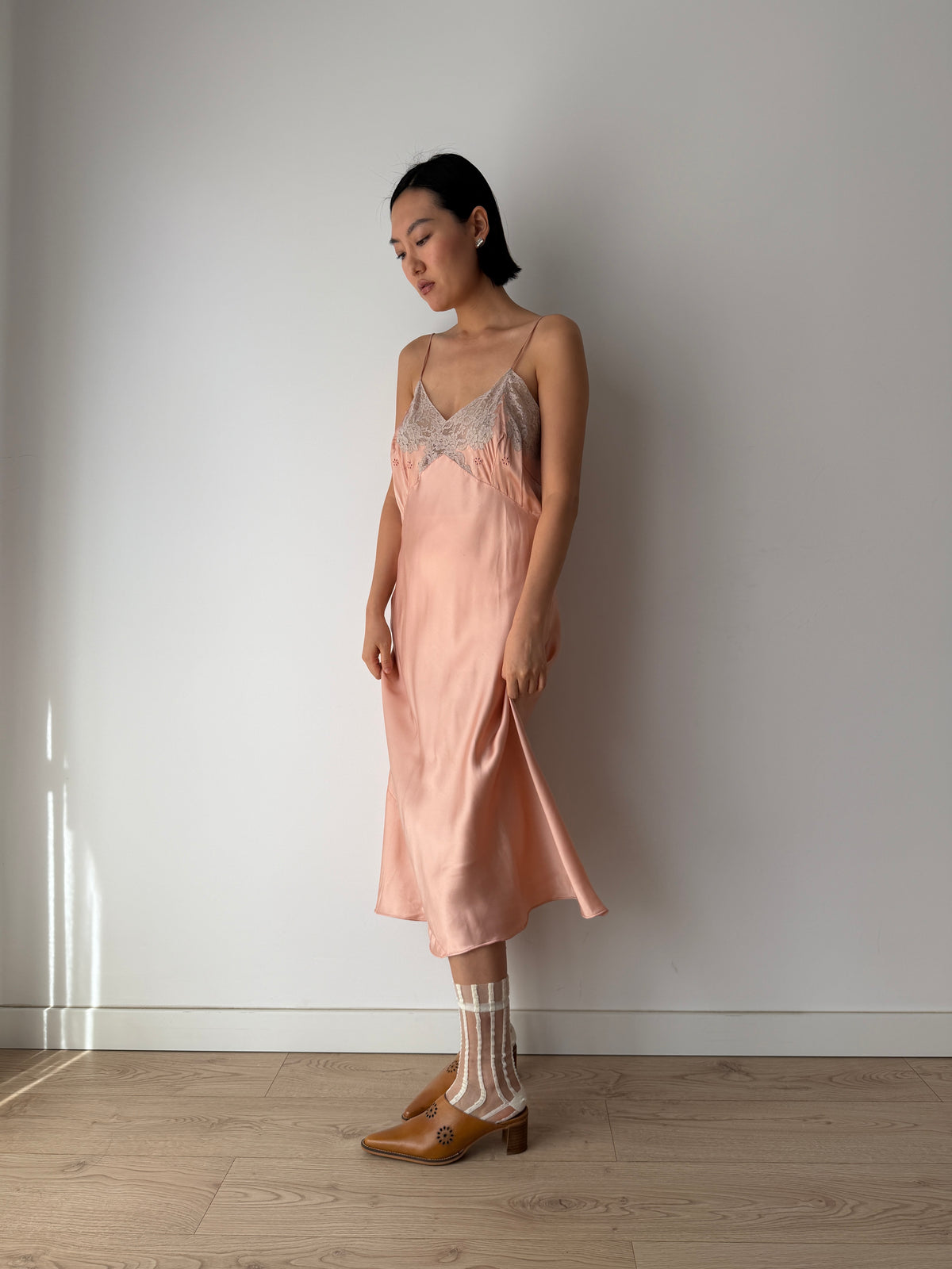 1930s Peach Satin Slip Dress | Antique Lace Bodice Bias Cut Midi Gown