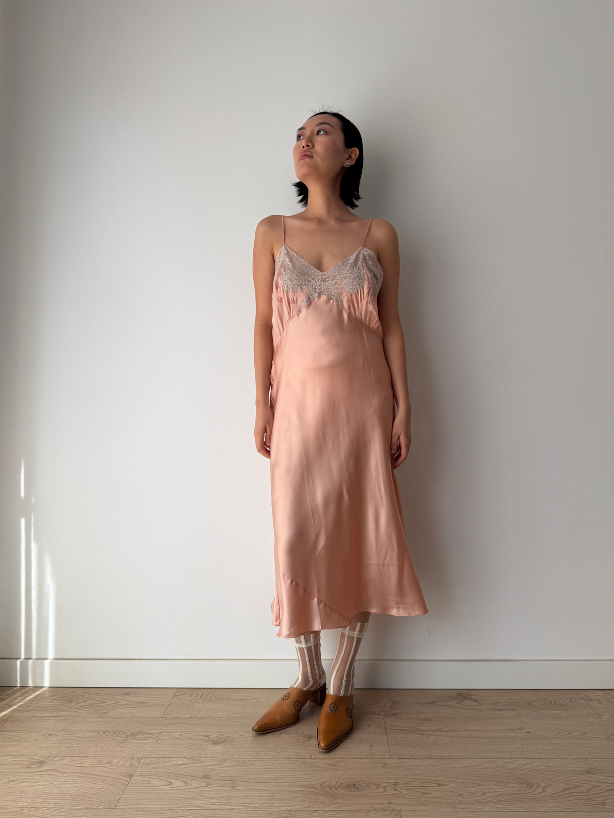 1930s Peach Satin Slip Dress | Antique Lace Bodice Bias Cut Midi Gown