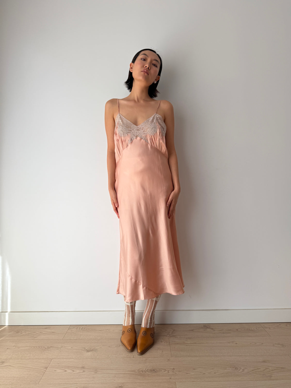 1930s Peach Satin Slip Dress | Antique Lace Bodice Bias Cut Midi Gown