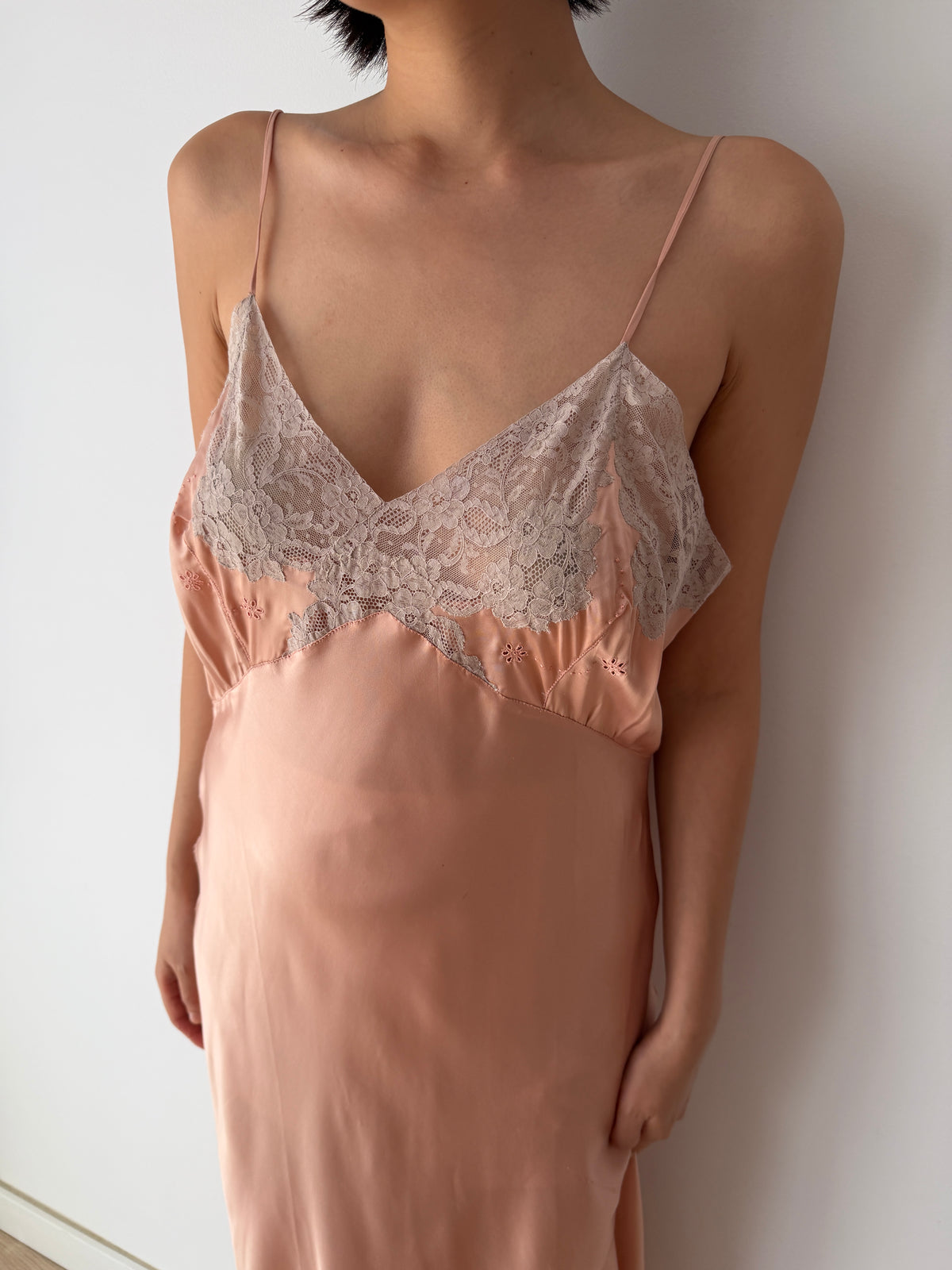 1930s Peach Satin Slip Dress | Antique Lace Bodice Bias Cut Midi Gown