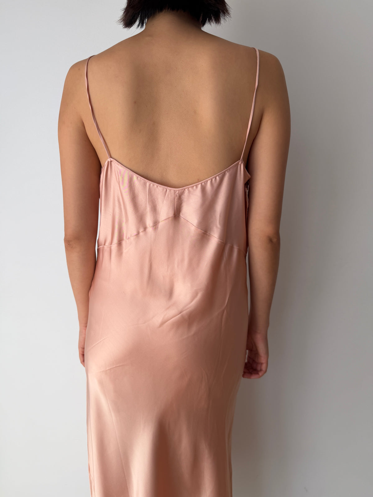 1930s Peach Satin Slip Dress | Antique Lace Bodice Bias Cut Midi Gown