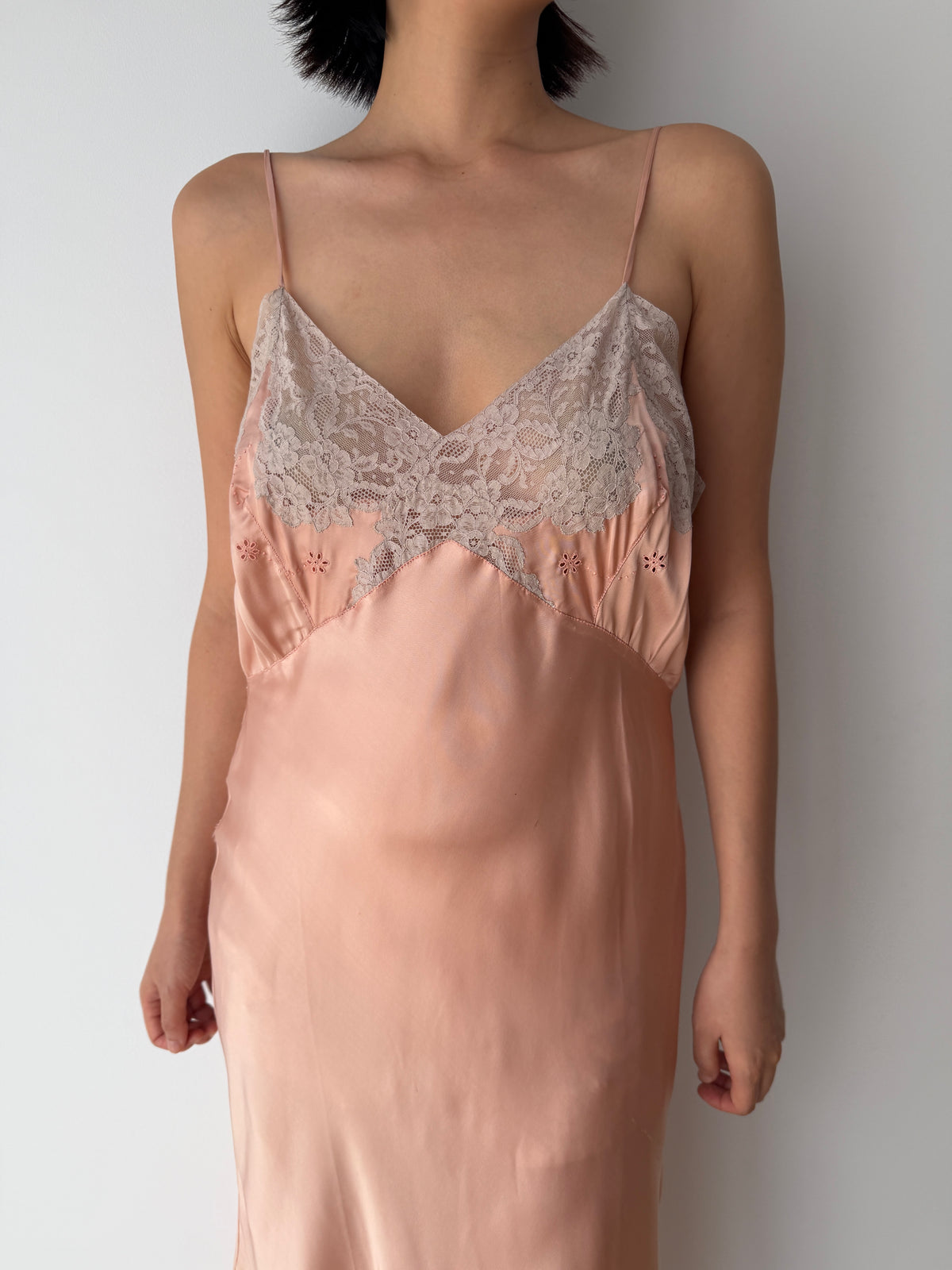 1930s Peach Satin Slip Dress | Antique Lace Bodice Bias Cut Midi Gown