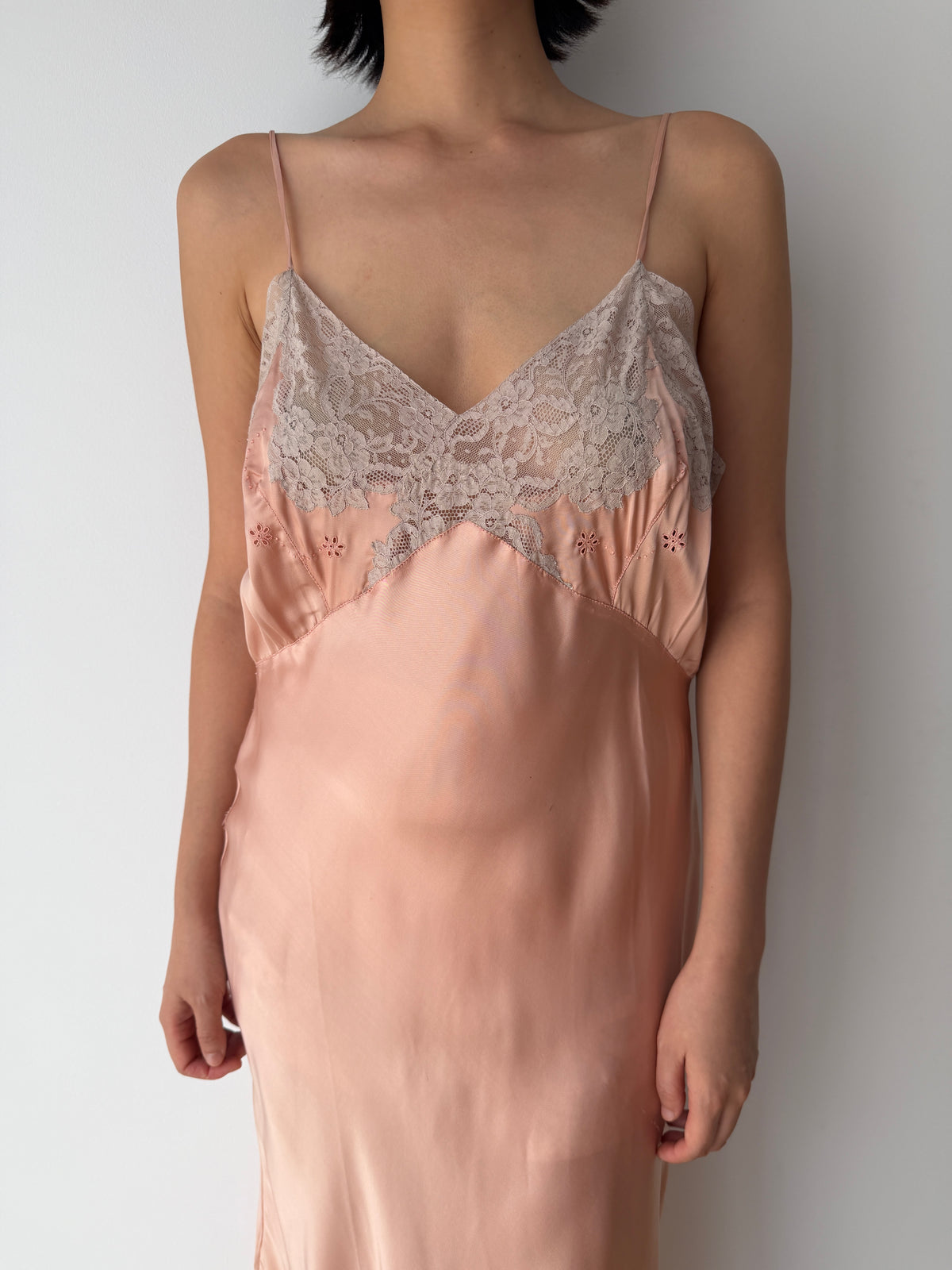 1930s Peach Satin Slip Dress | Antique Lace Bodice Bias Cut Midi Gown
