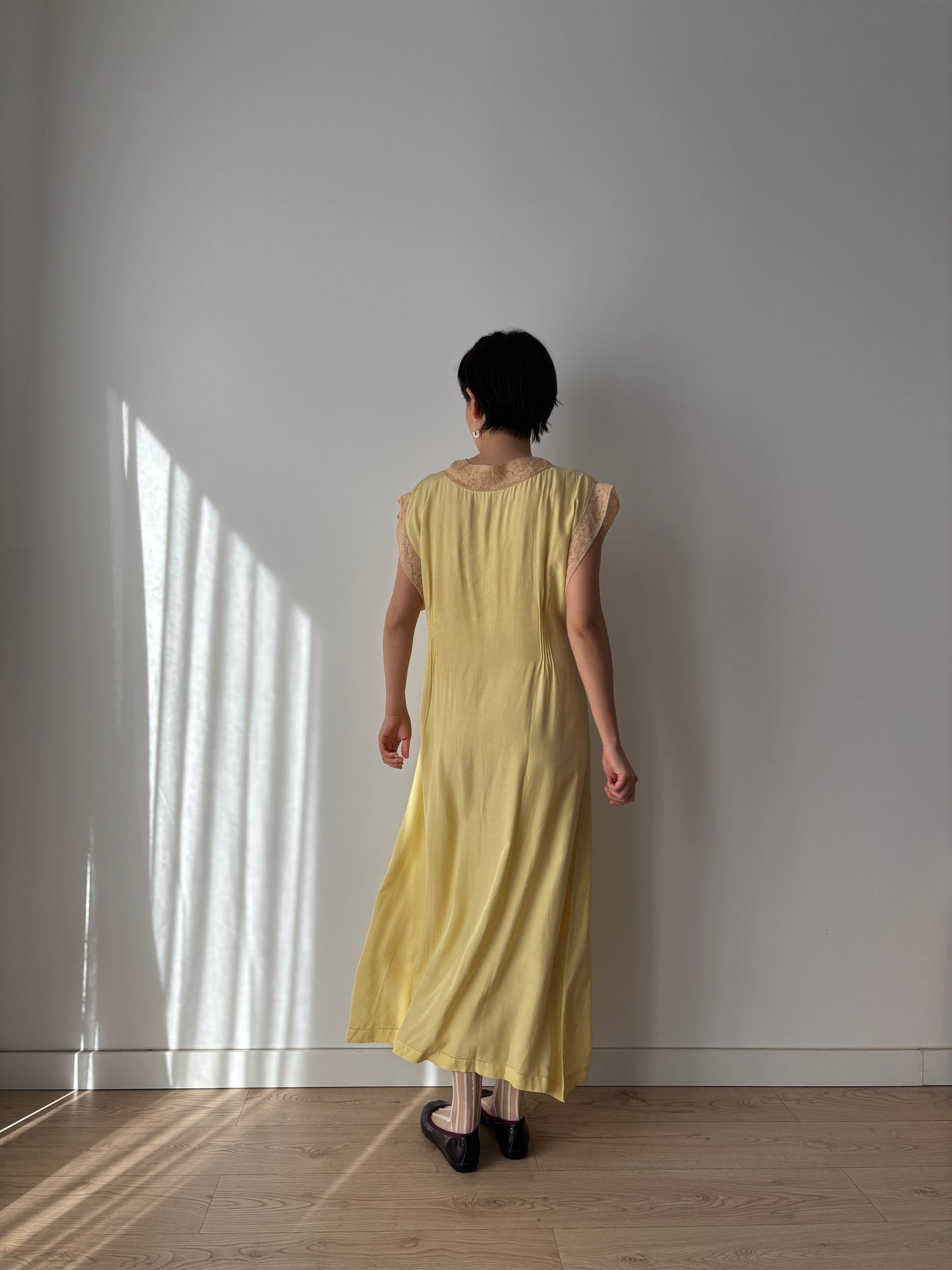 1920s Embroidered Silk Nightgown in Yellow: Long Slip Dress