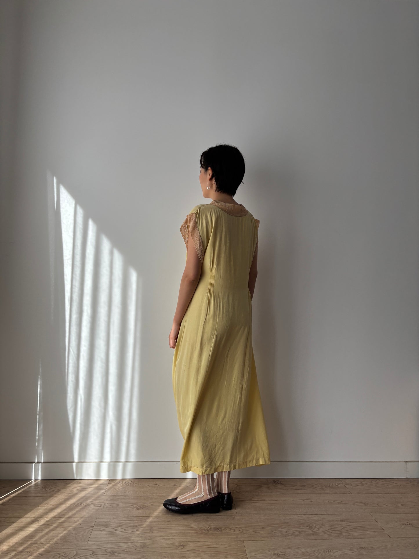 1920s Embroidered Silk Nightgown in Yellow: Long Slip Dress
