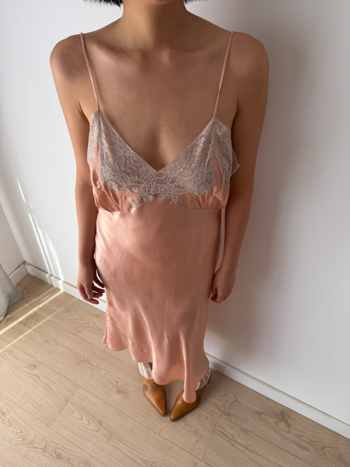 1930s Peach Satin Slip Dress | Antique Lace Bodice Bias Cut Midi Gown