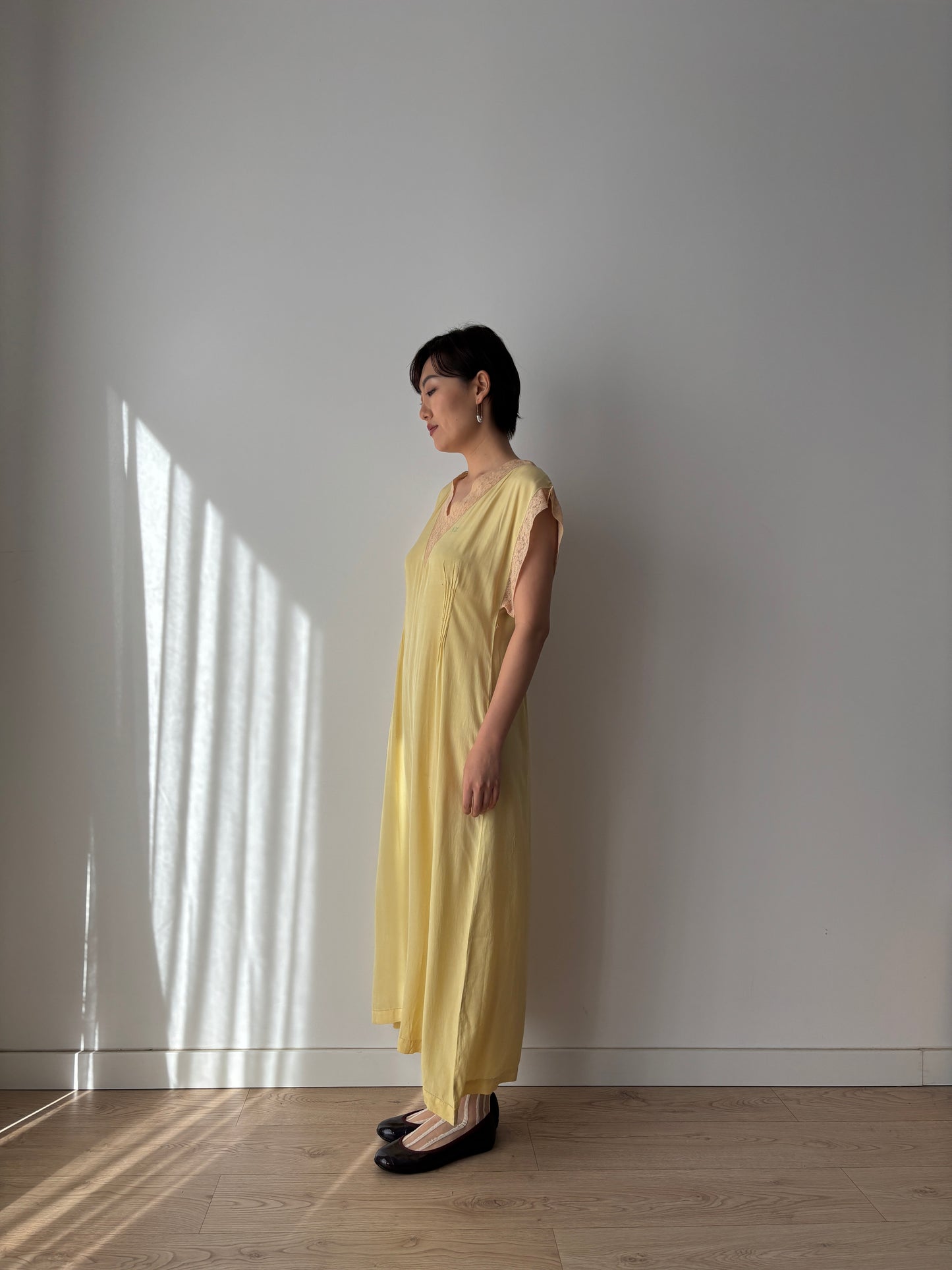1920s Embroidered Silk Nightgown in Yellow: Long Slip Dress