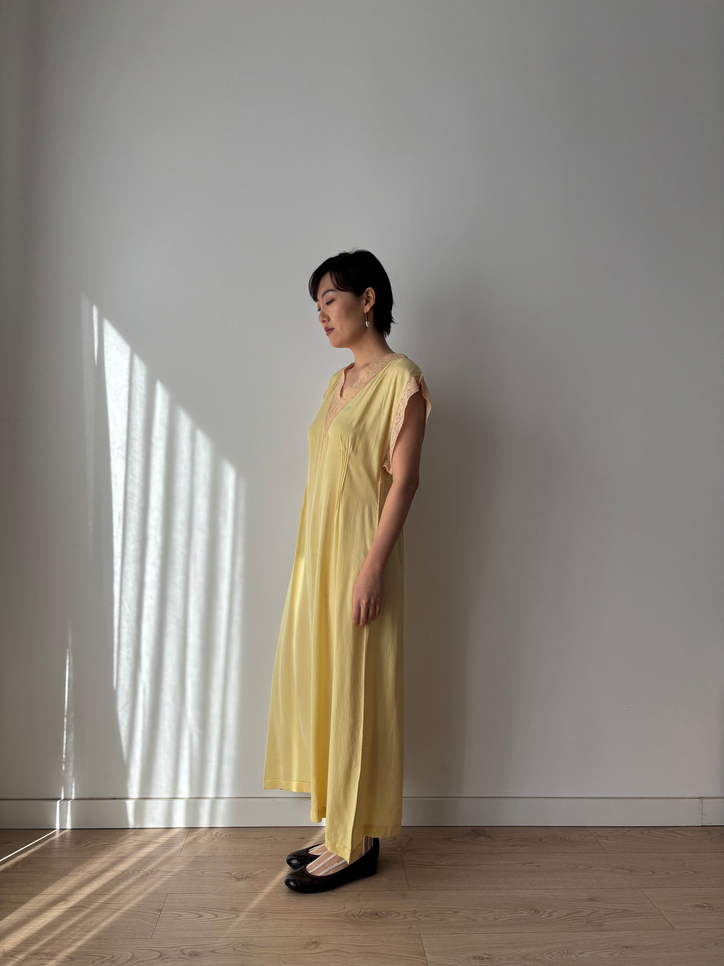 1920s Embroidered Silk Nightgown in Yellow: Long Slip Dress
