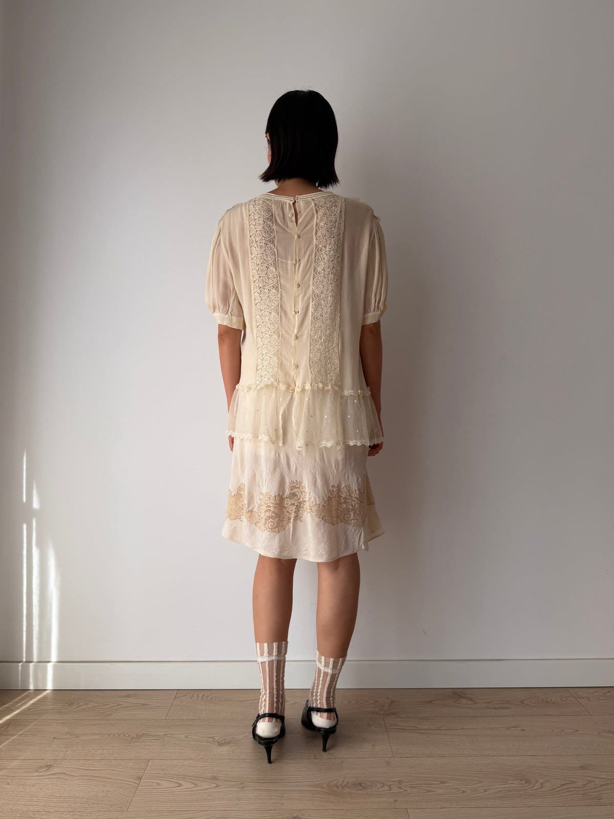 1930s Pure Silk Blouse | Antique Ivory Sheer Lace Cutwork Top | Authentic 1930s Silk Peplum Shirt