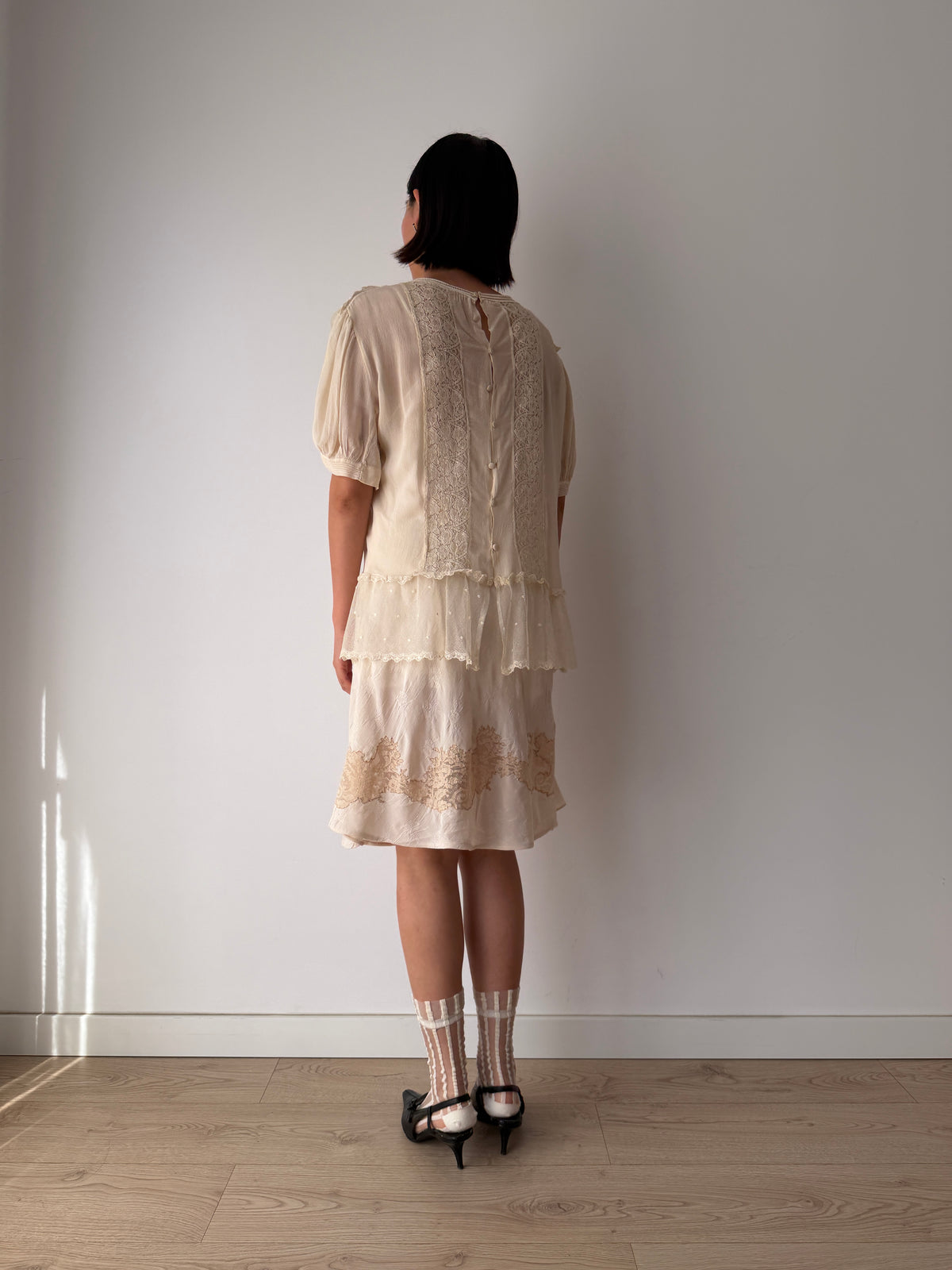 1930s Pure Silk Blouse | Antique Ivory Sheer Lace Cutwork Top | Authentic 1930s Silk Peplum Shirt