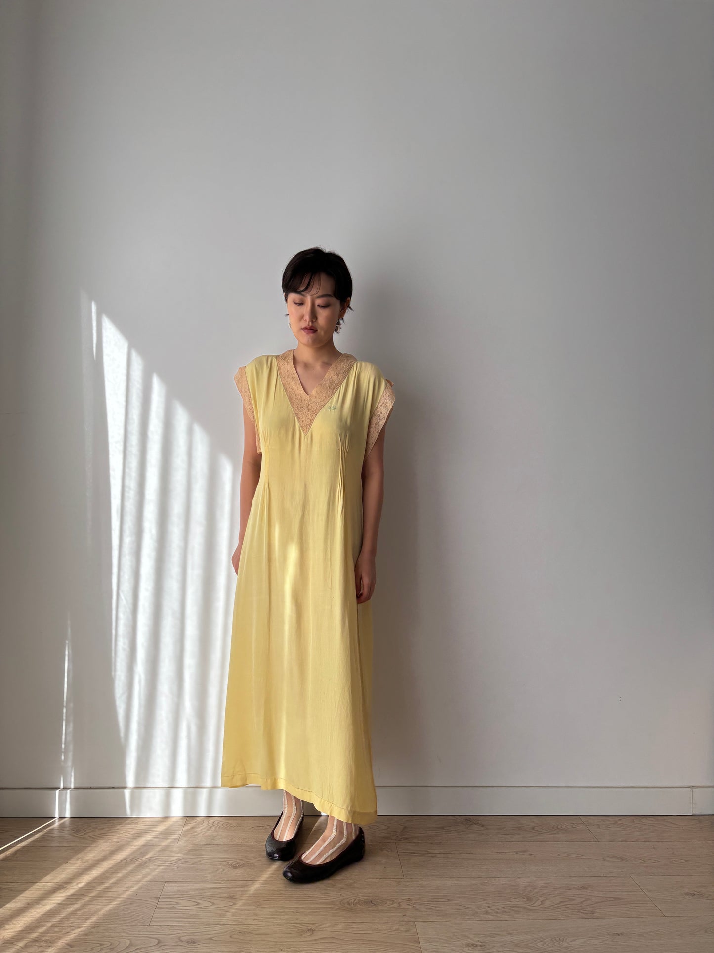 1920s Embroidered Silk Nightgown in Yellow: Long Slip Dress