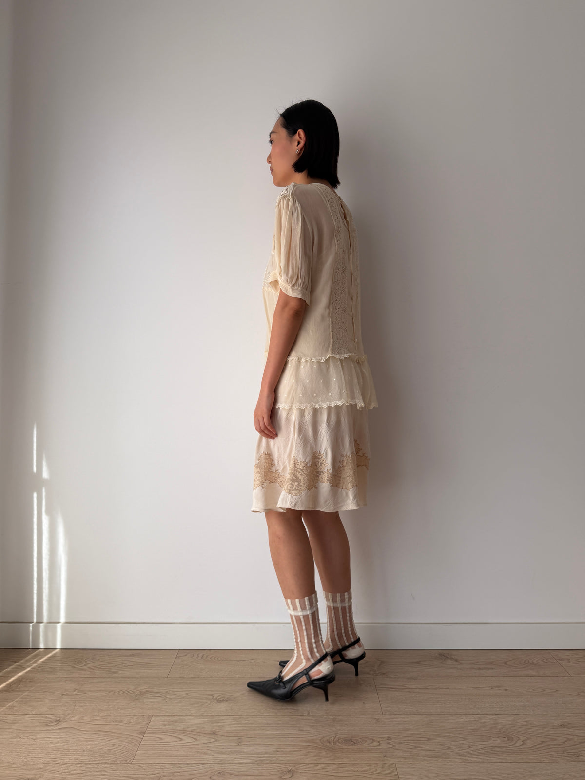 1930s Pure Silk Blouse | Antique Ivory Sheer Lace Cutwork Top | Authentic 1930s Silk Peplum Shirt