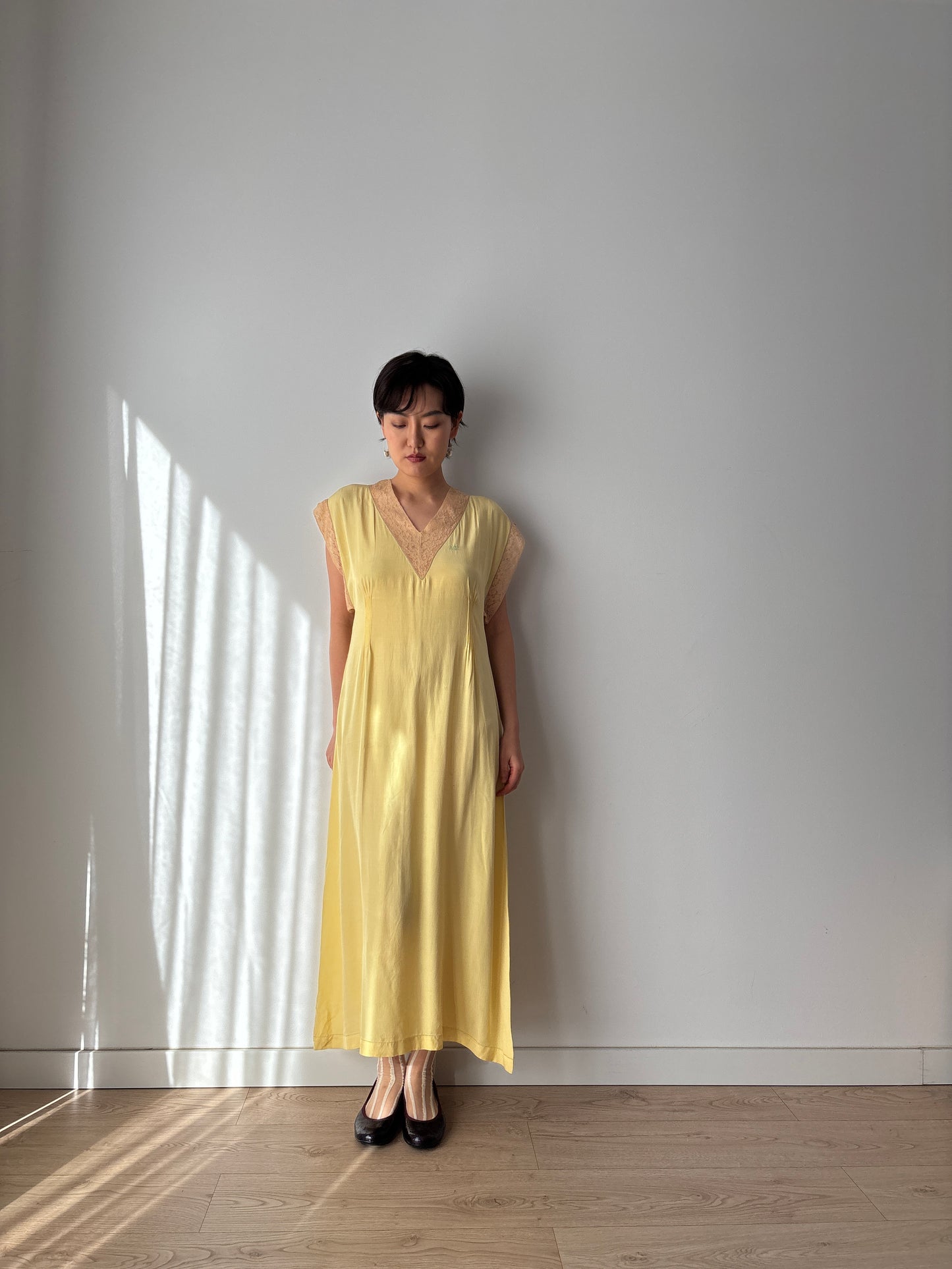 1920s Embroidered Silk Nightgown in Yellow: Long Slip Dress