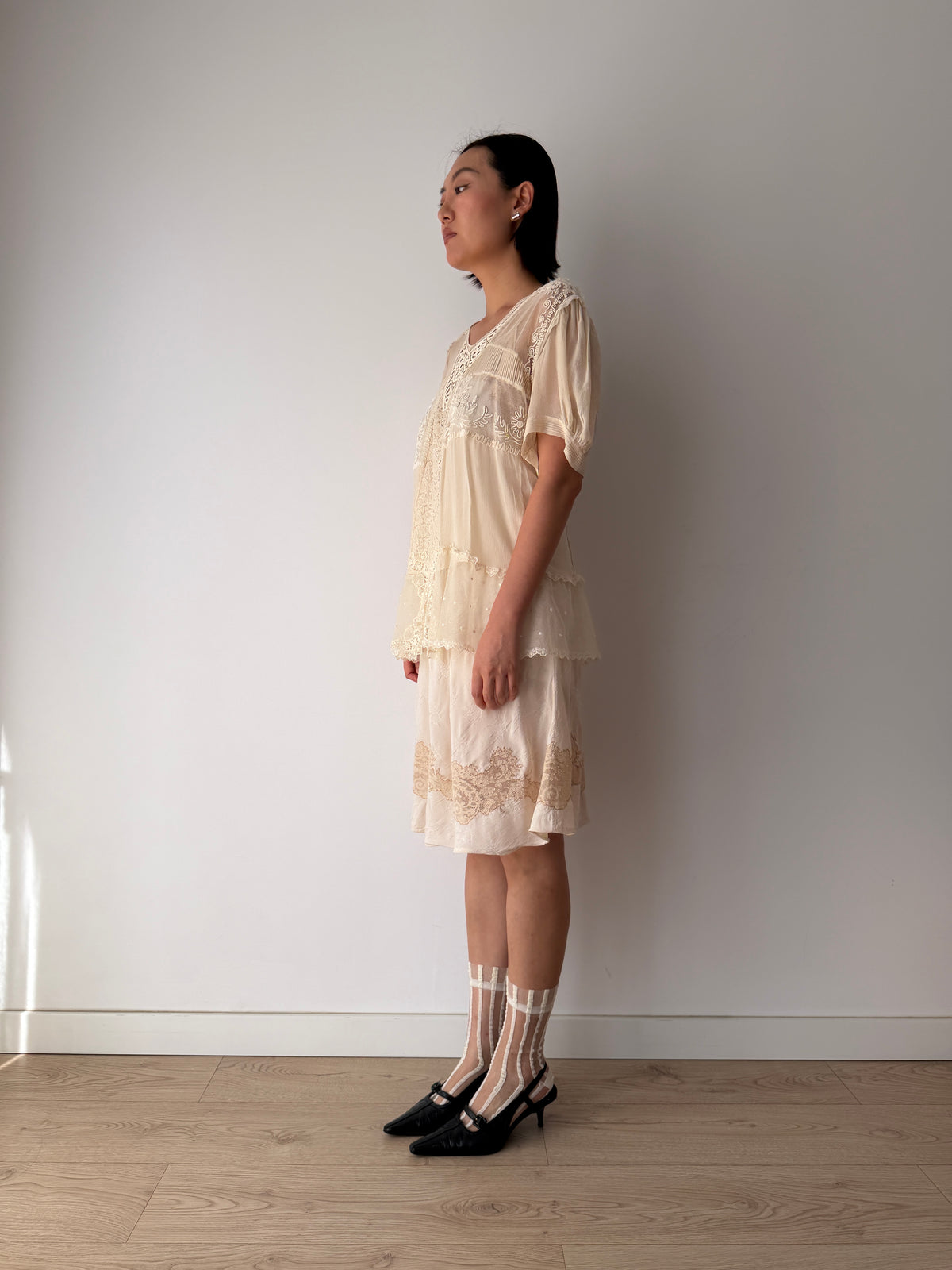 1930s Pure Silk Blouse | Antique Ivory Sheer Lace Cutwork Top | Authentic 1930s Silk Peplum Shirt