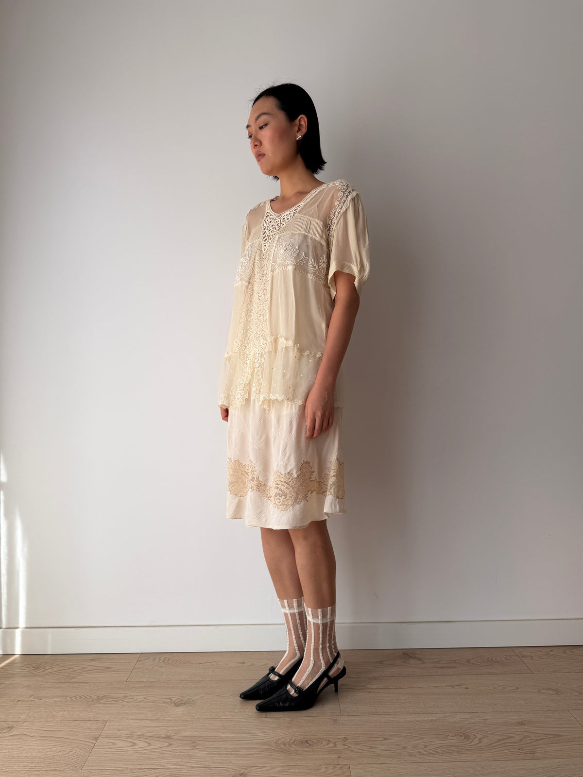 1930s Pure Silk Blouse | Antique Ivory Sheer Lace Cutwork Top | Authentic 1930s Silk Peplum Shirt