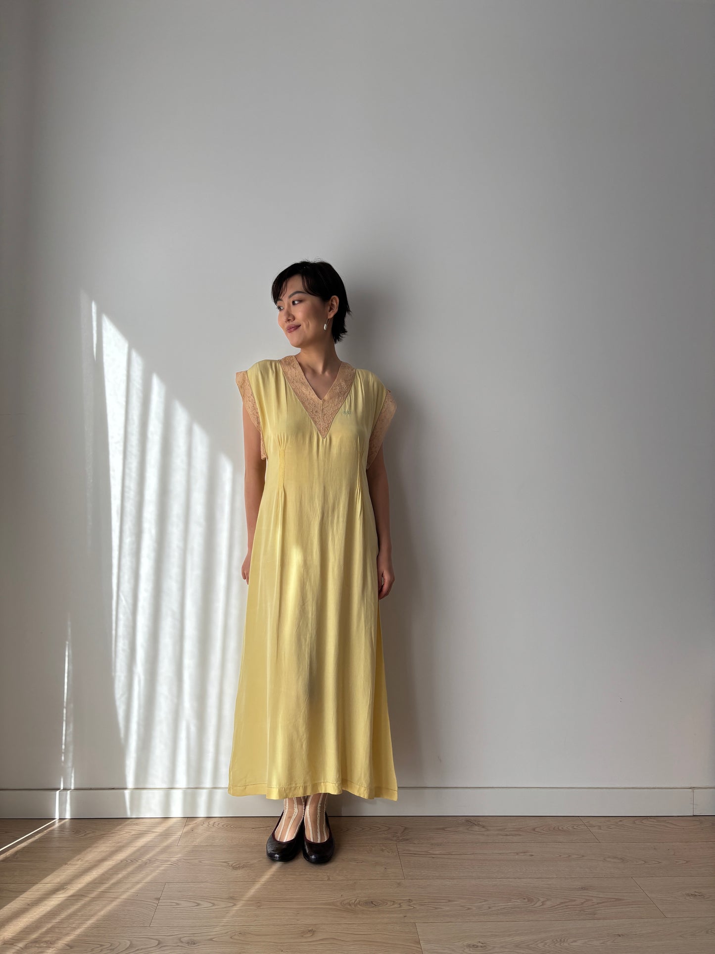 1920s Embroidered Silk Nightgown in Yellow: Long Slip Dress
