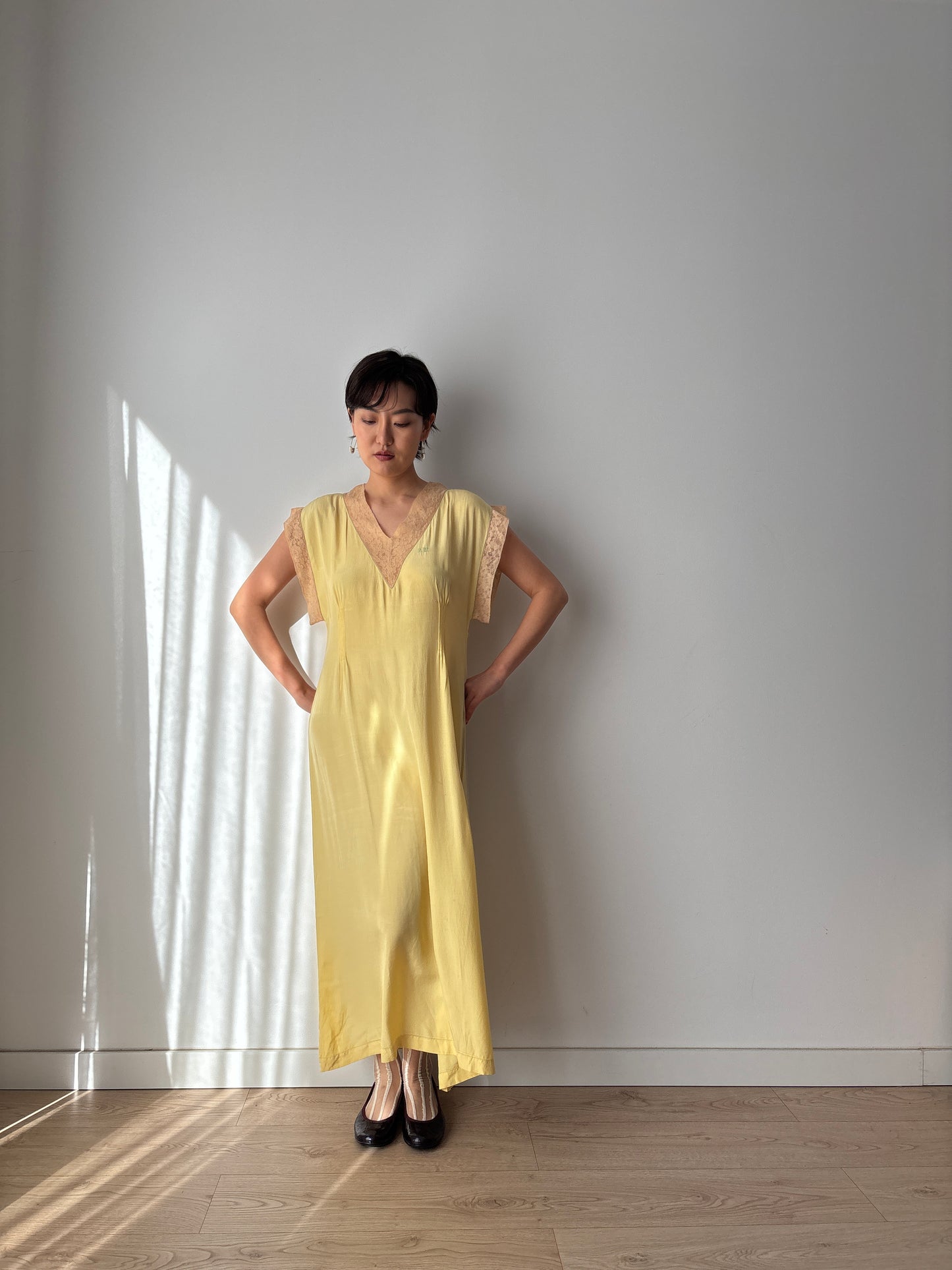 1920s Embroidered Silk Nightgown in Yellow: Long Slip Dress