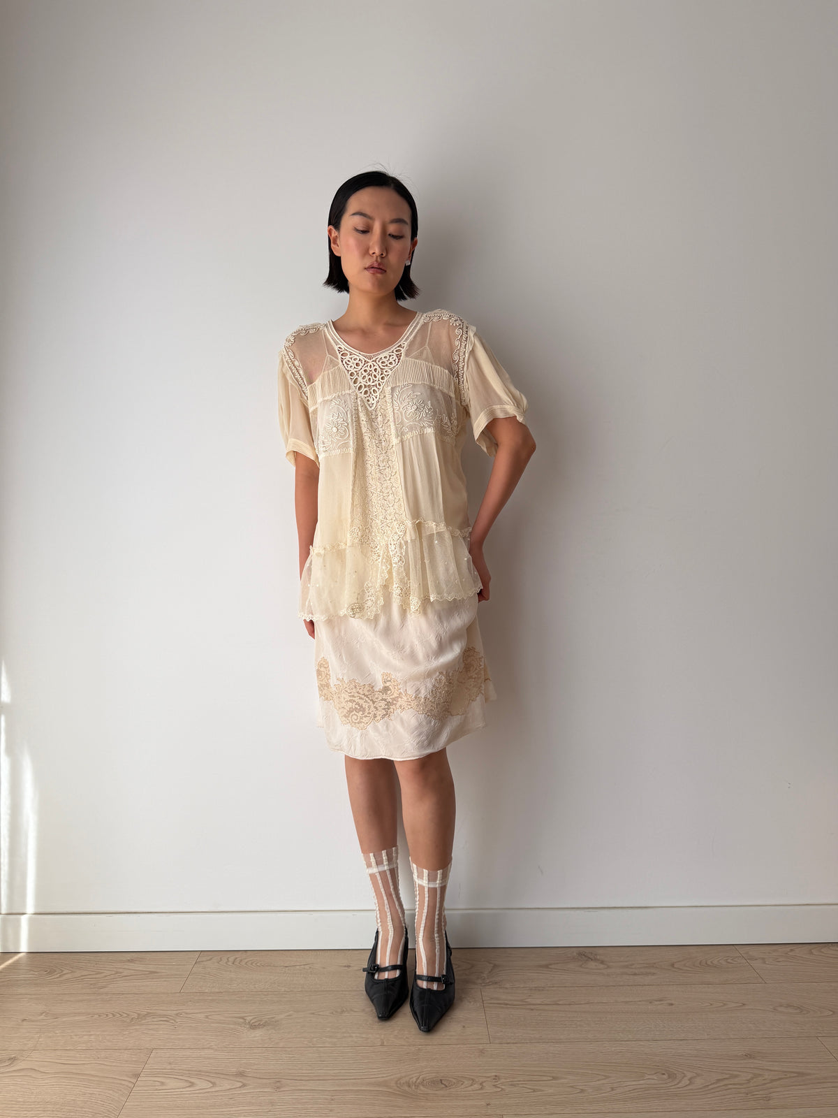 1930s Pure Silk Blouse | Antique Ivory Sheer Lace Cutwork Top | Authentic 1930s Silk Peplum Shirt