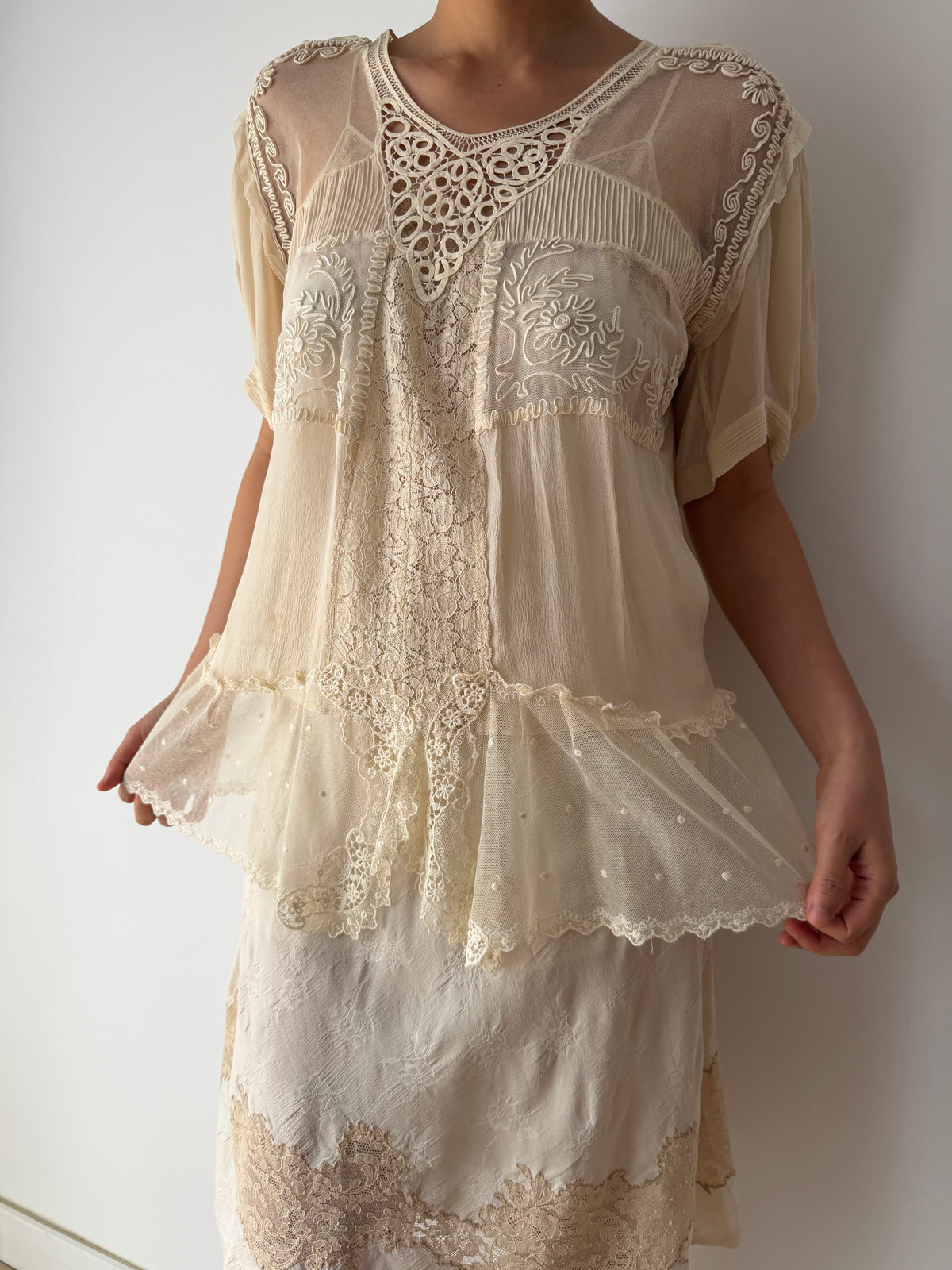 1930s Pure Silk Blouse | Antique Ivory Sheer Lace Cutwork Top | Authentic 1930s Silk Peplum Shirt