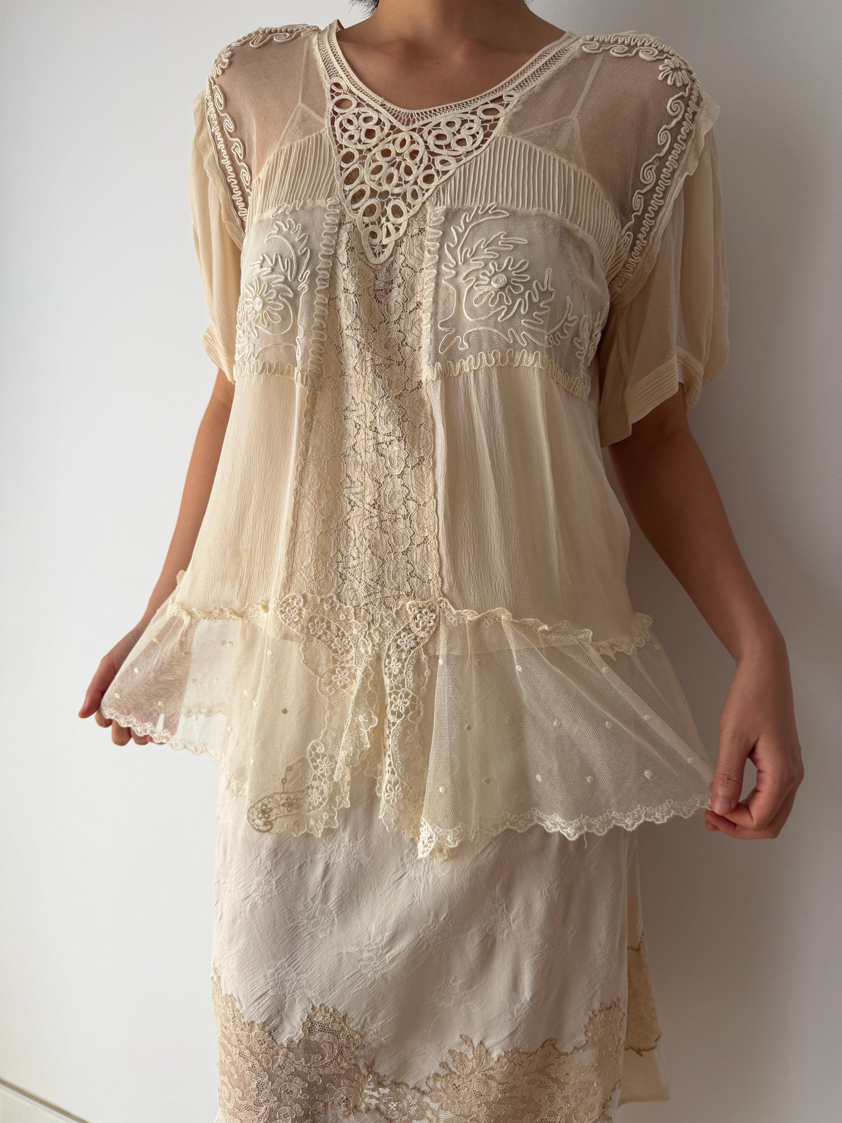 1930s Pure Silk Blouse | Antique Ivory Sheer Lace Cutwork Top | Authentic 1930s Silk Peplum Shirt