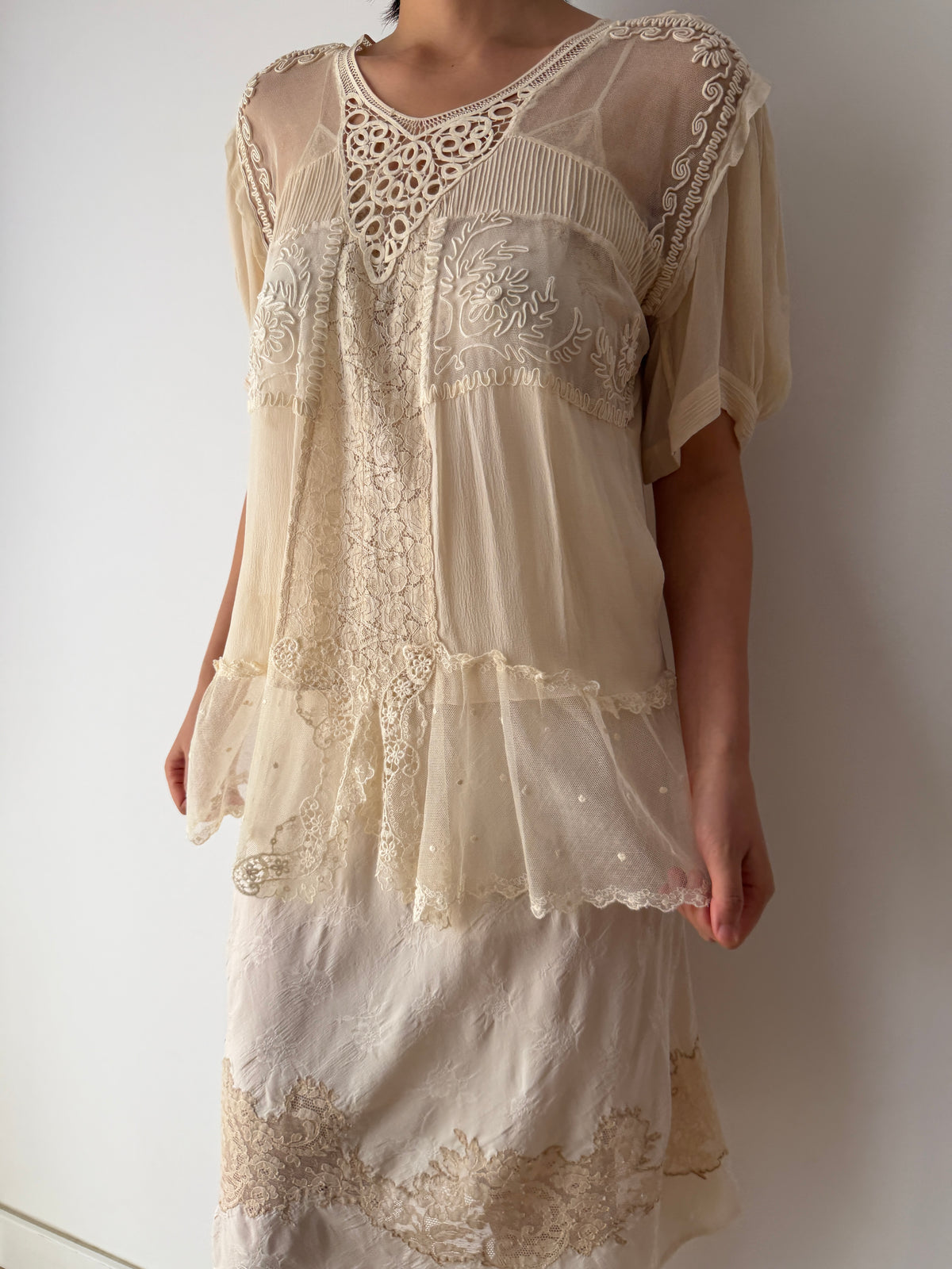 1930s Pure Silk Blouse | Antique Ivory Sheer Lace Cutwork Top | Authentic 1930s Silk Peplum Shirt