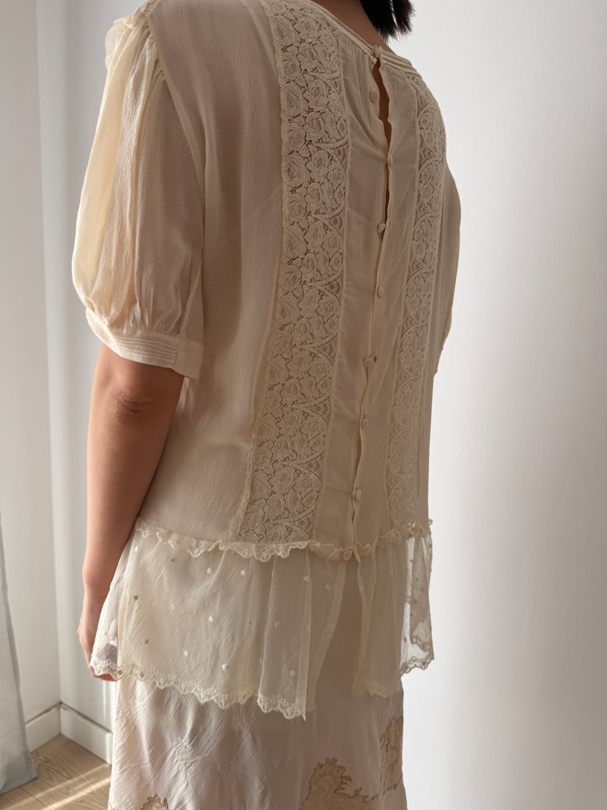 1930s Pure Silk Blouse | Antique Ivory Sheer Lace Cutwork Top | Authentic 1930s Silk Peplum Shirt