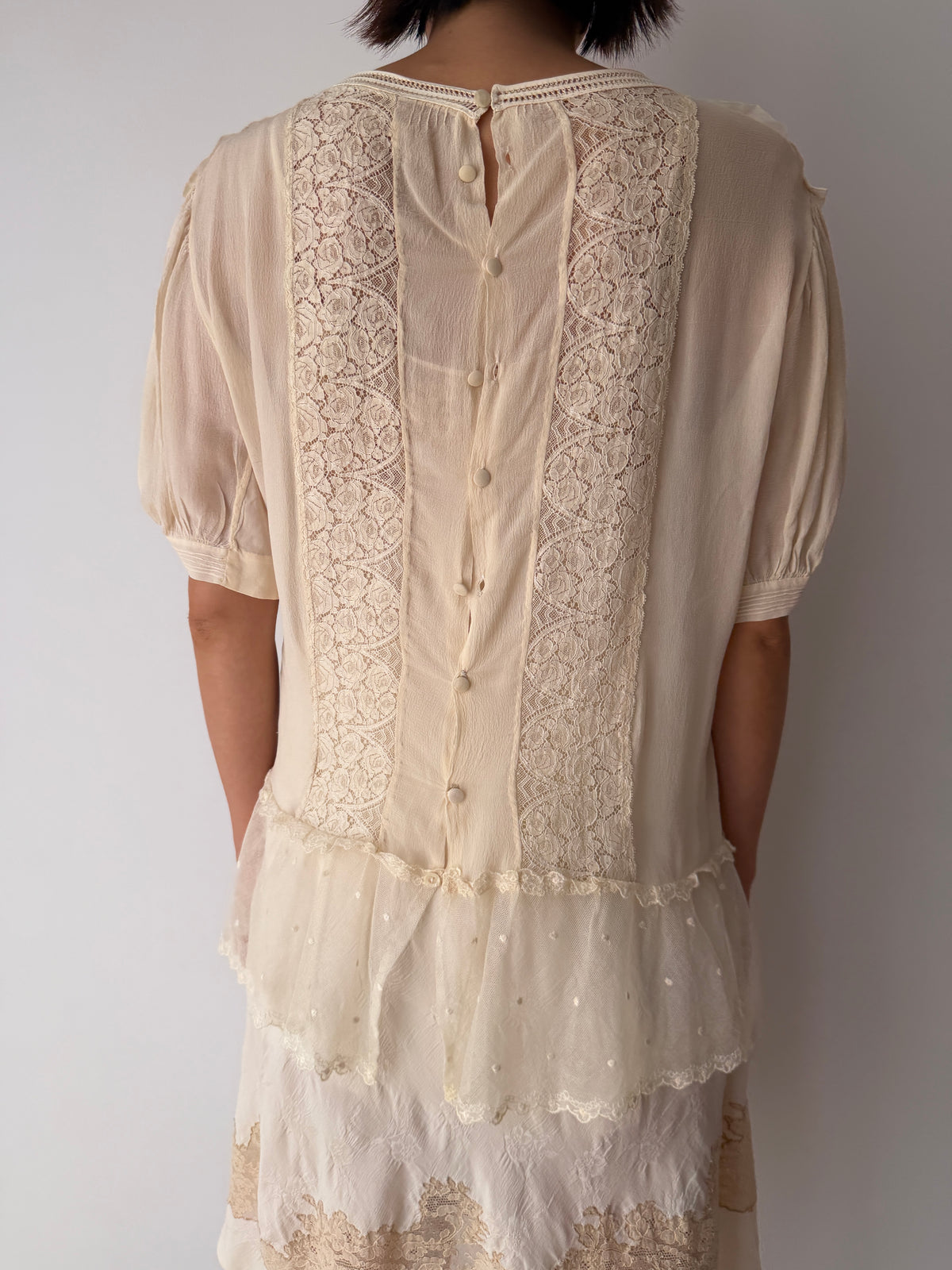 1930s Pure Silk Blouse | Antique Ivory Sheer Lace Cutwork Top | Authentic 1930s Silk Peplum Shirt