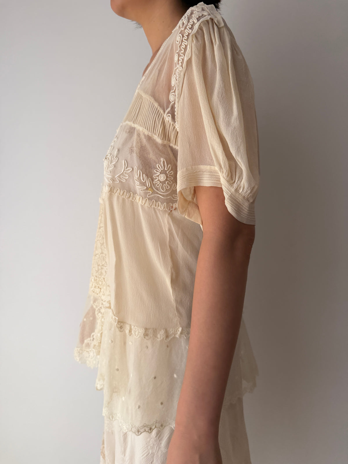 1930s Pure Silk Blouse | Antique Ivory Sheer Lace Cutwork Top | Authentic 1930s Silk Peplum Shirt