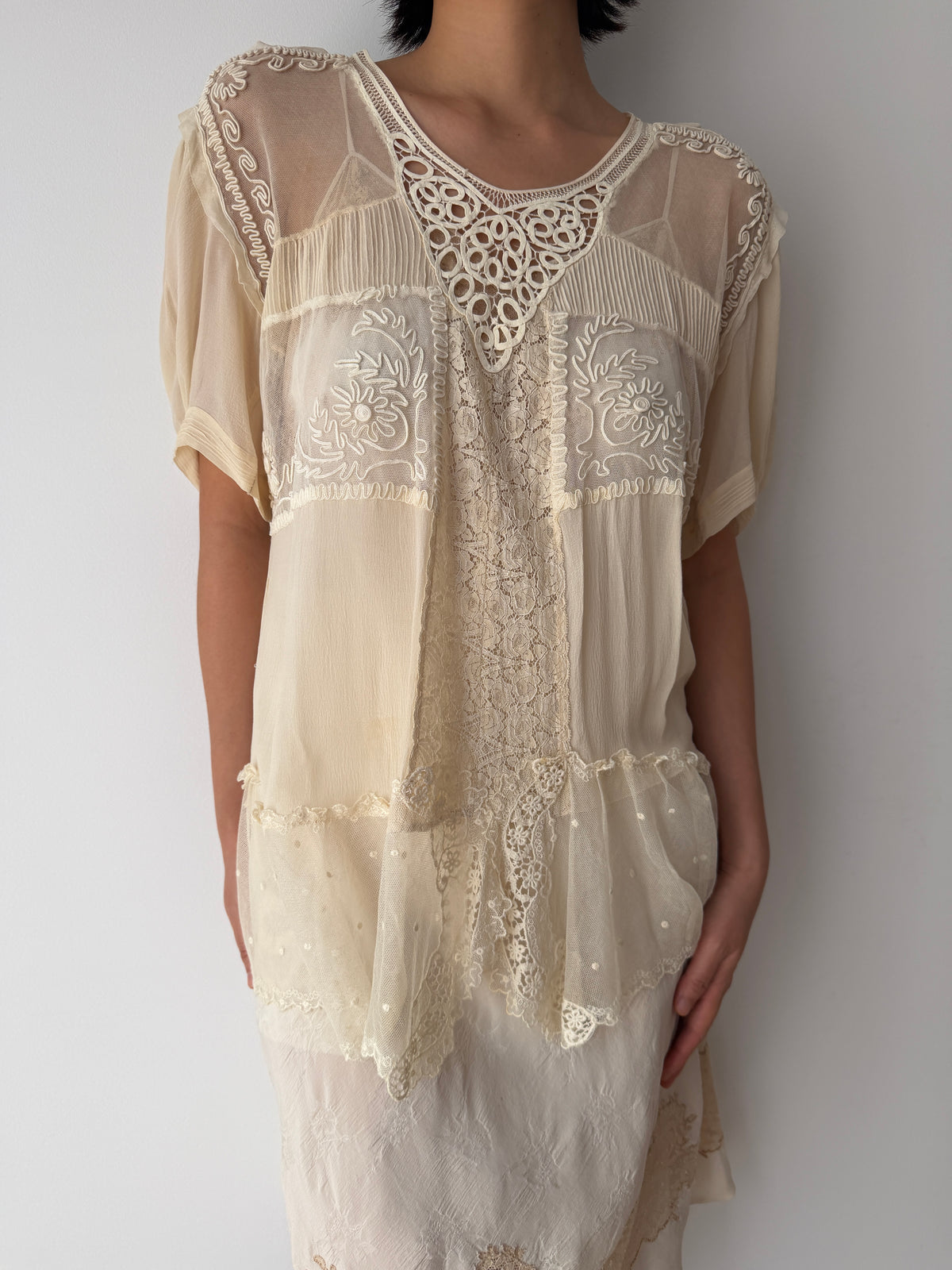 1930s Pure Silk Blouse | Antique Ivory Sheer Lace Cutwork Top | Authentic 1930s Silk Peplum Shirt