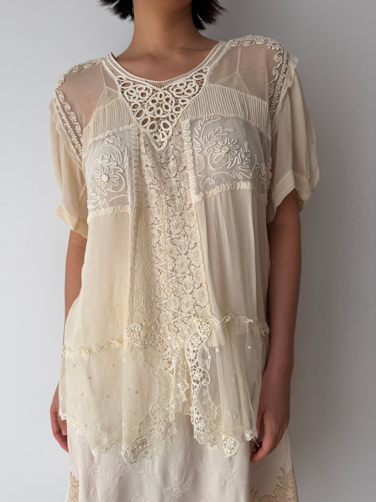 1930s Pure Silk Blouse | Antique Ivory Sheer Lace Cutwork Top | Authentic 1930s Silk Peplum Shirt