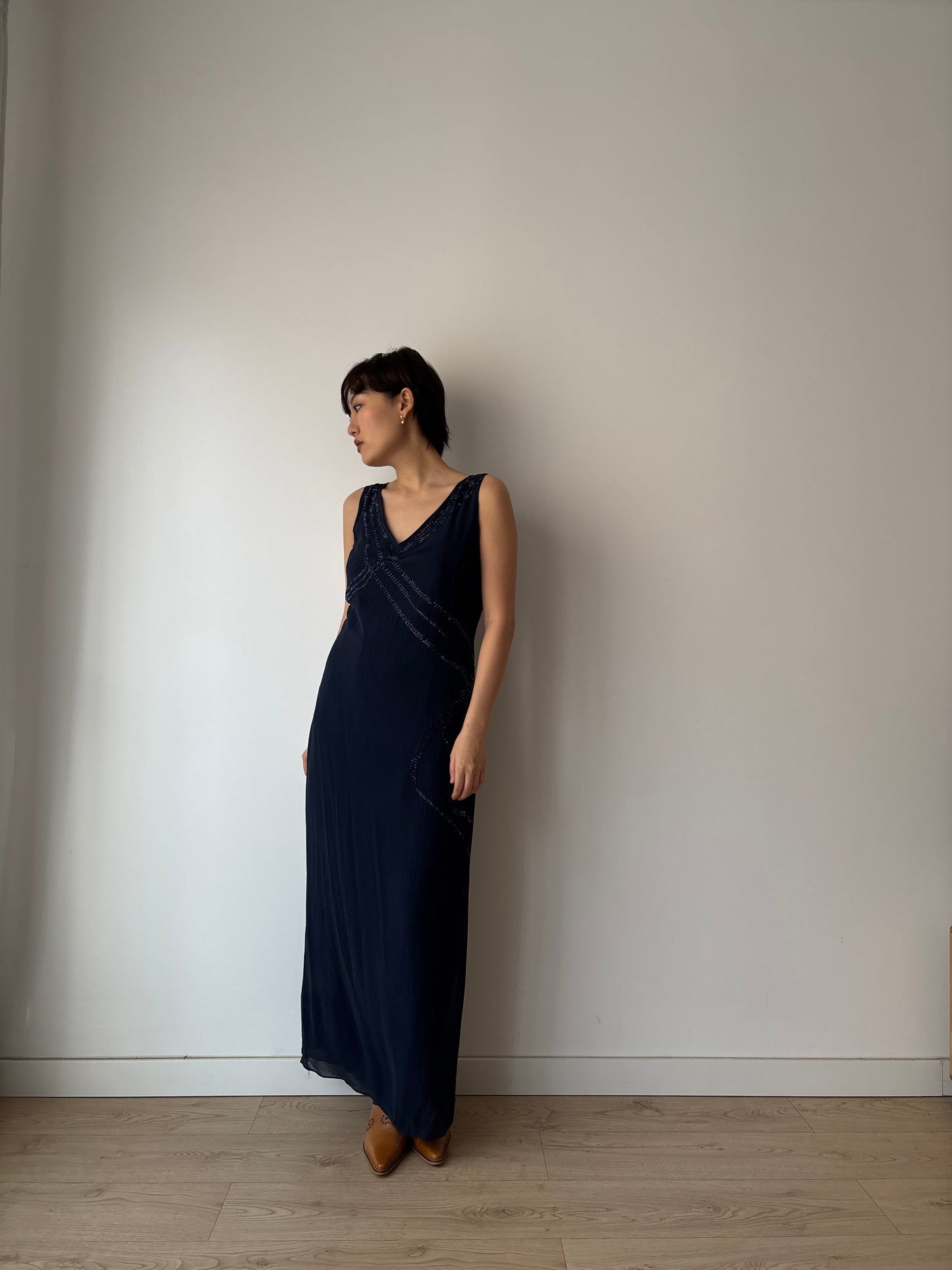 Y2K Dark Blue Beaded Silk Dress: Sleeveless with Back Slit & Left Side Zipper