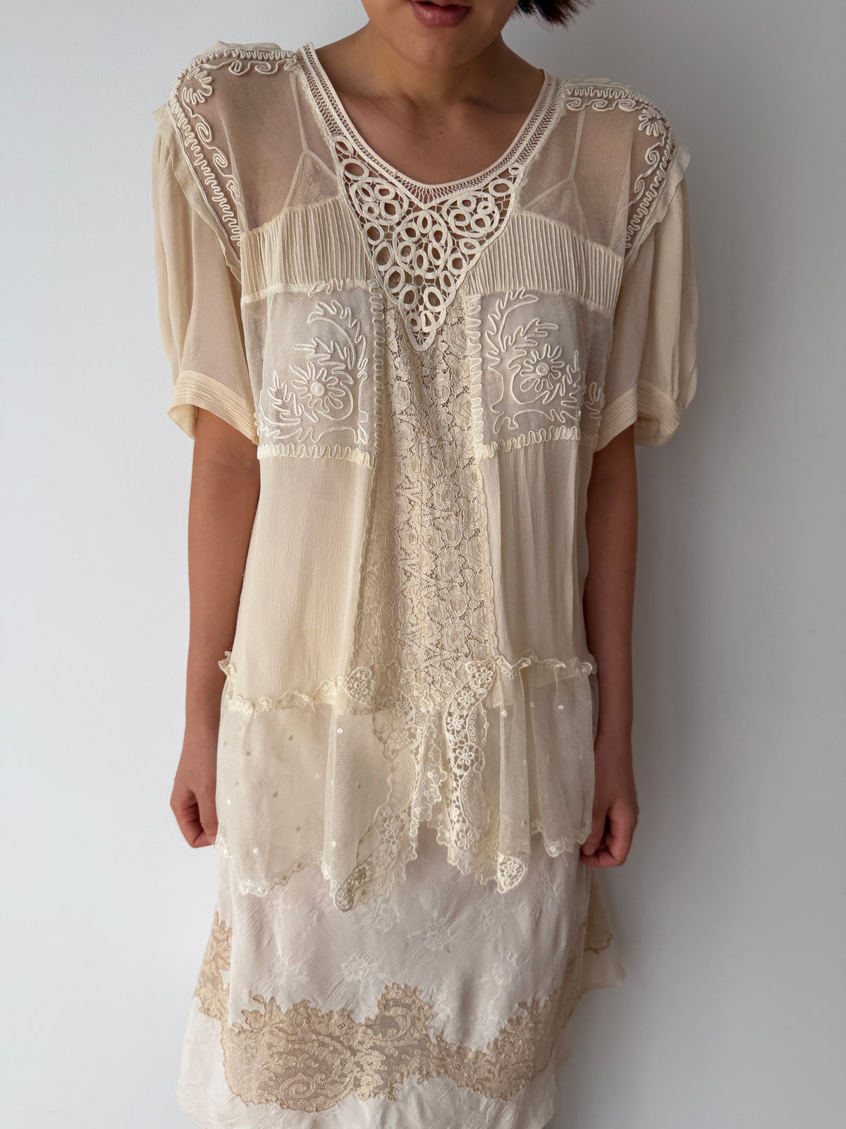 1930s Pure Silk Blouse | Antique Ivory Sheer Lace Cutwork Top | Authentic 1930s Silk Peplum Shirt