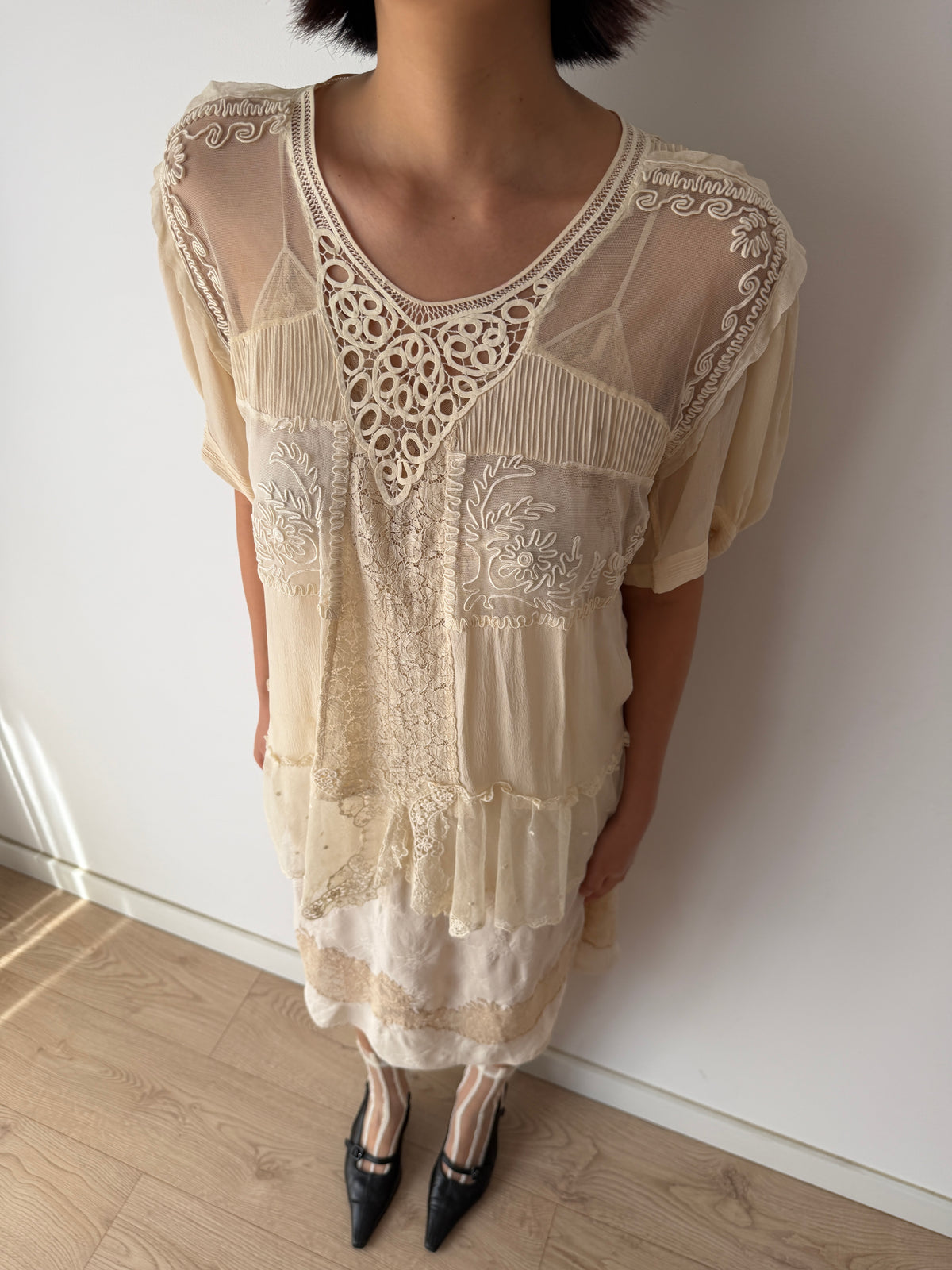 1930s Pure Silk Blouse | Antique Ivory Sheer Lace Cutwork Top | Authentic 1930s Silk Peplum Shirt