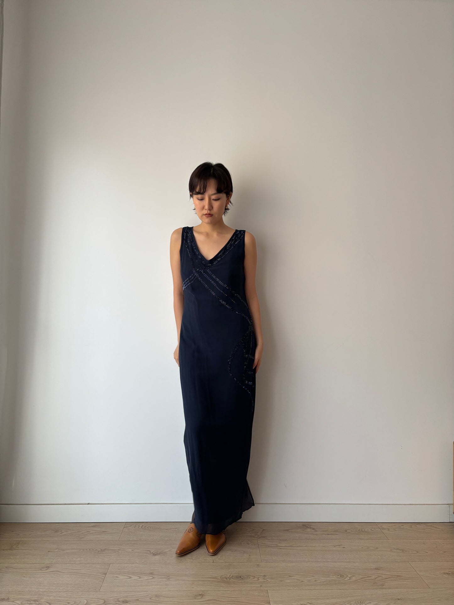 Y2K Dark Blue Beaded Silk Dress: Sleeveless with Back Slit & Left Side Zipper