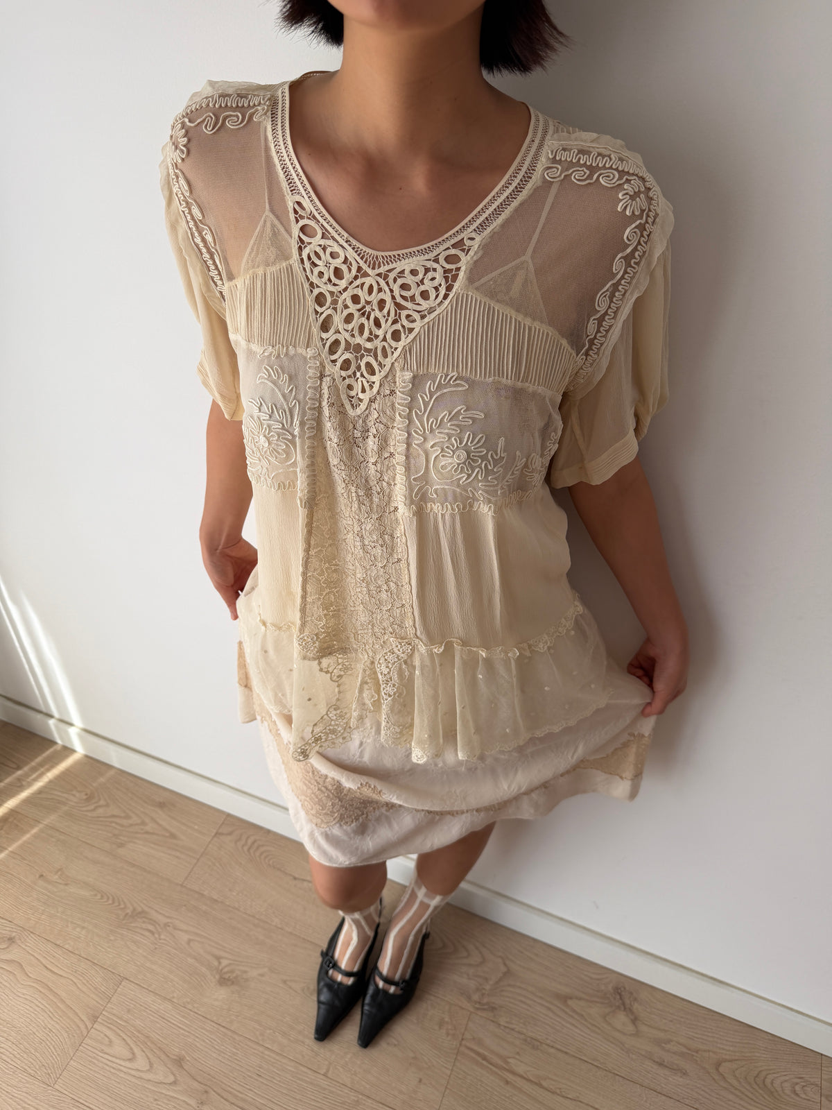 1930s Pure Silk Blouse | Antique Ivory Sheer Lace Cutwork Top | Authentic 1930s Silk Peplum Shirt