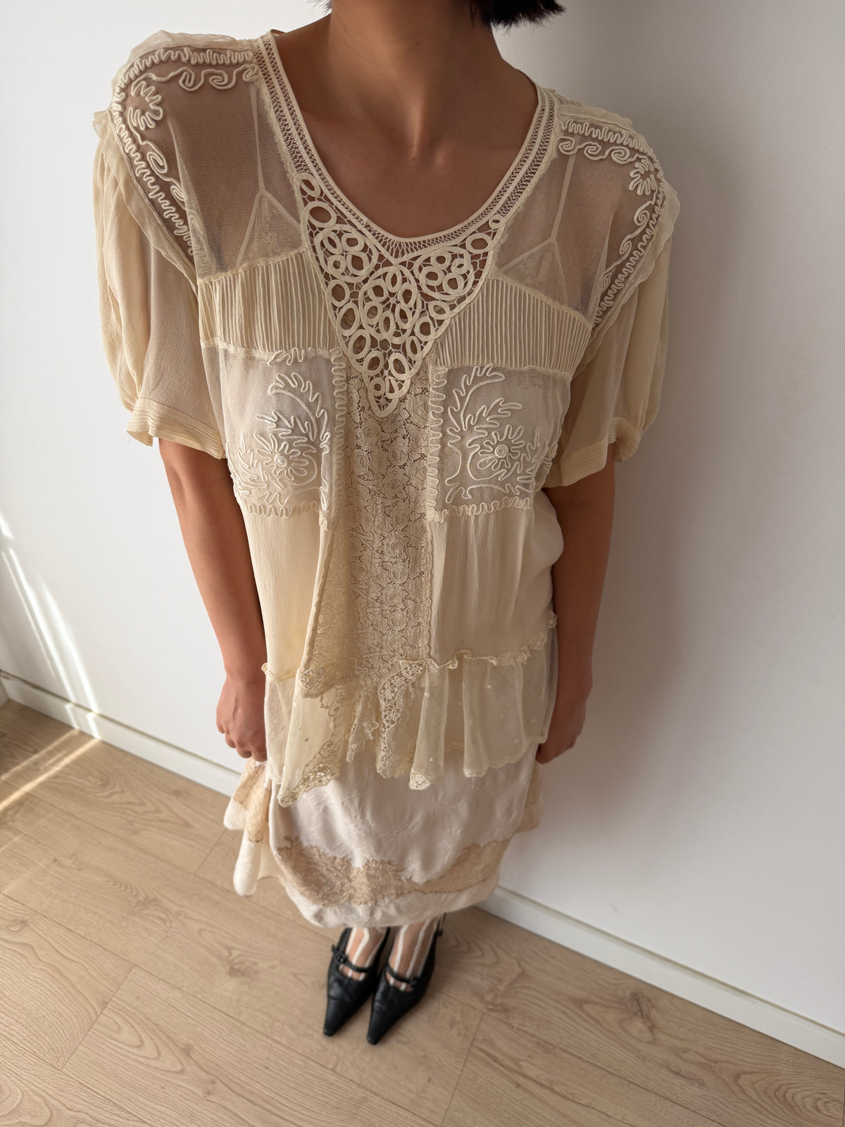 1930s Pure Silk Blouse | Antique Ivory Sheer Lace Cutwork Top | Authentic 1930s Silk Peplum Shirt