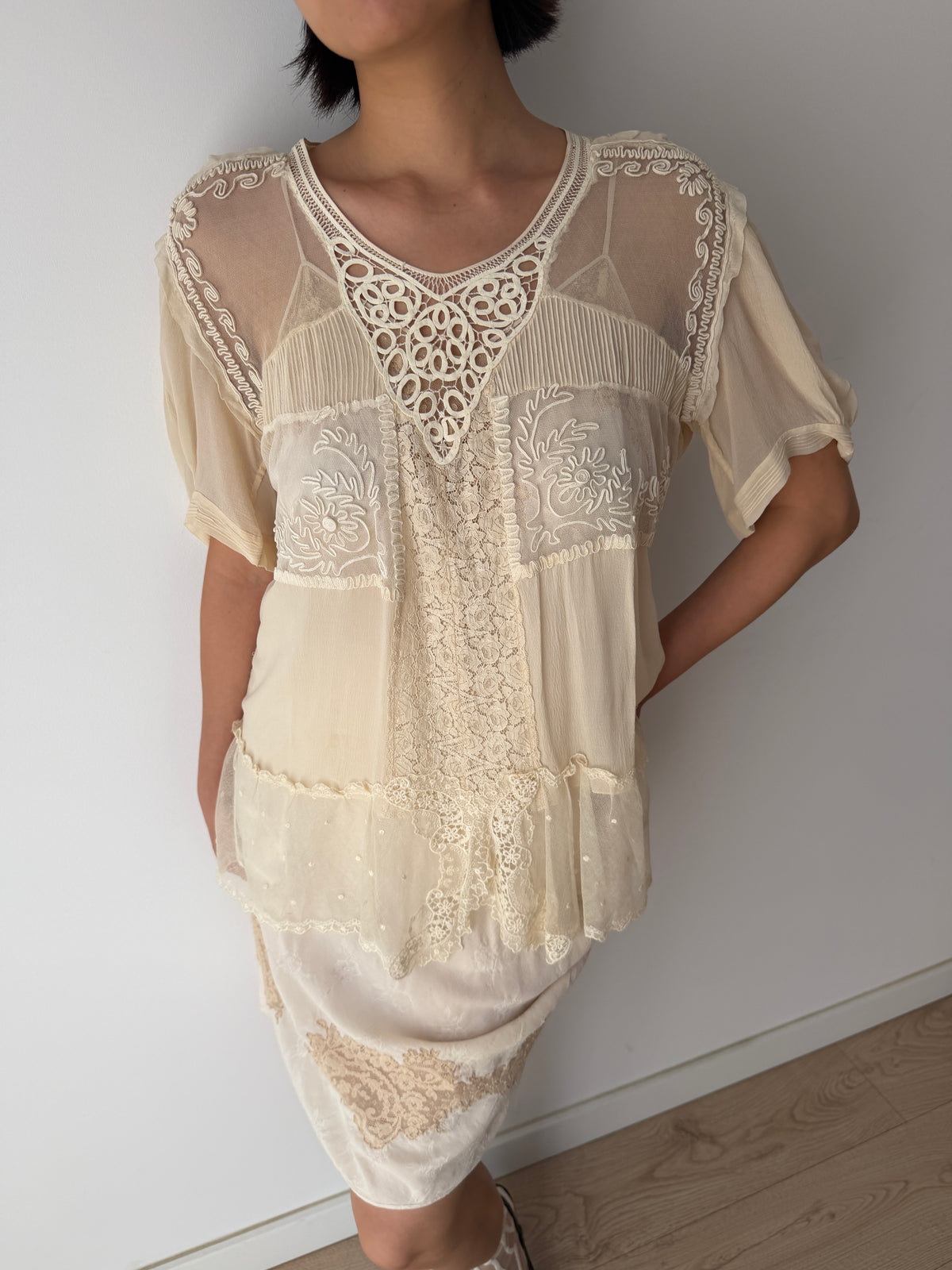 1930s Pure Silk Blouse | Antique Ivory Sheer Lace Cutwork Top | Authentic 1930s Silk Peplum Shirt