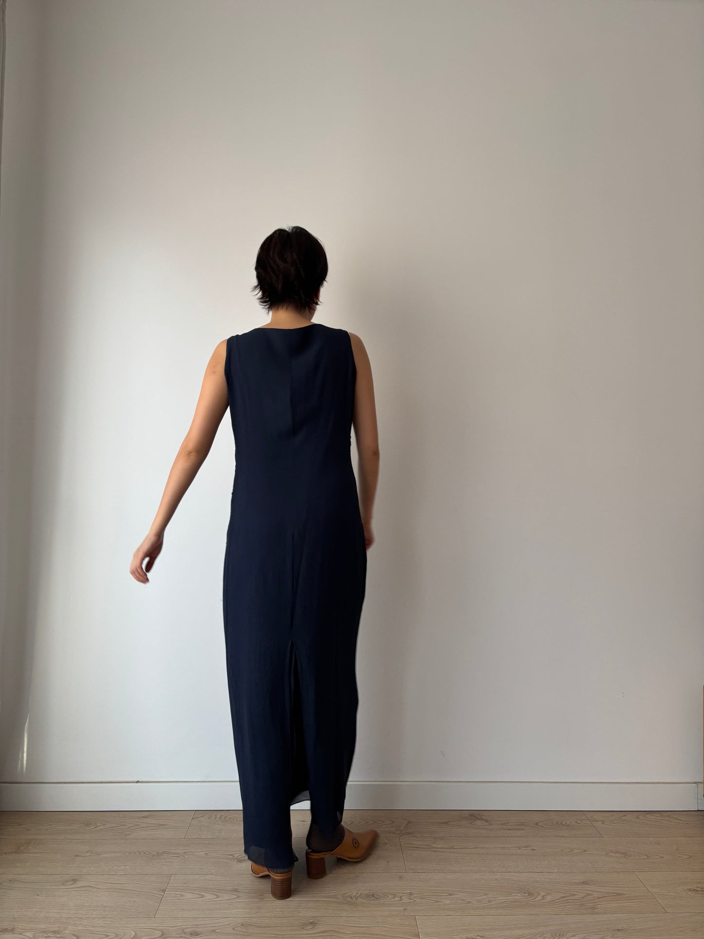 Y2K Dark Blue Beaded Silk Dress: Sleeveless with Back Slit & Left Side Zipper