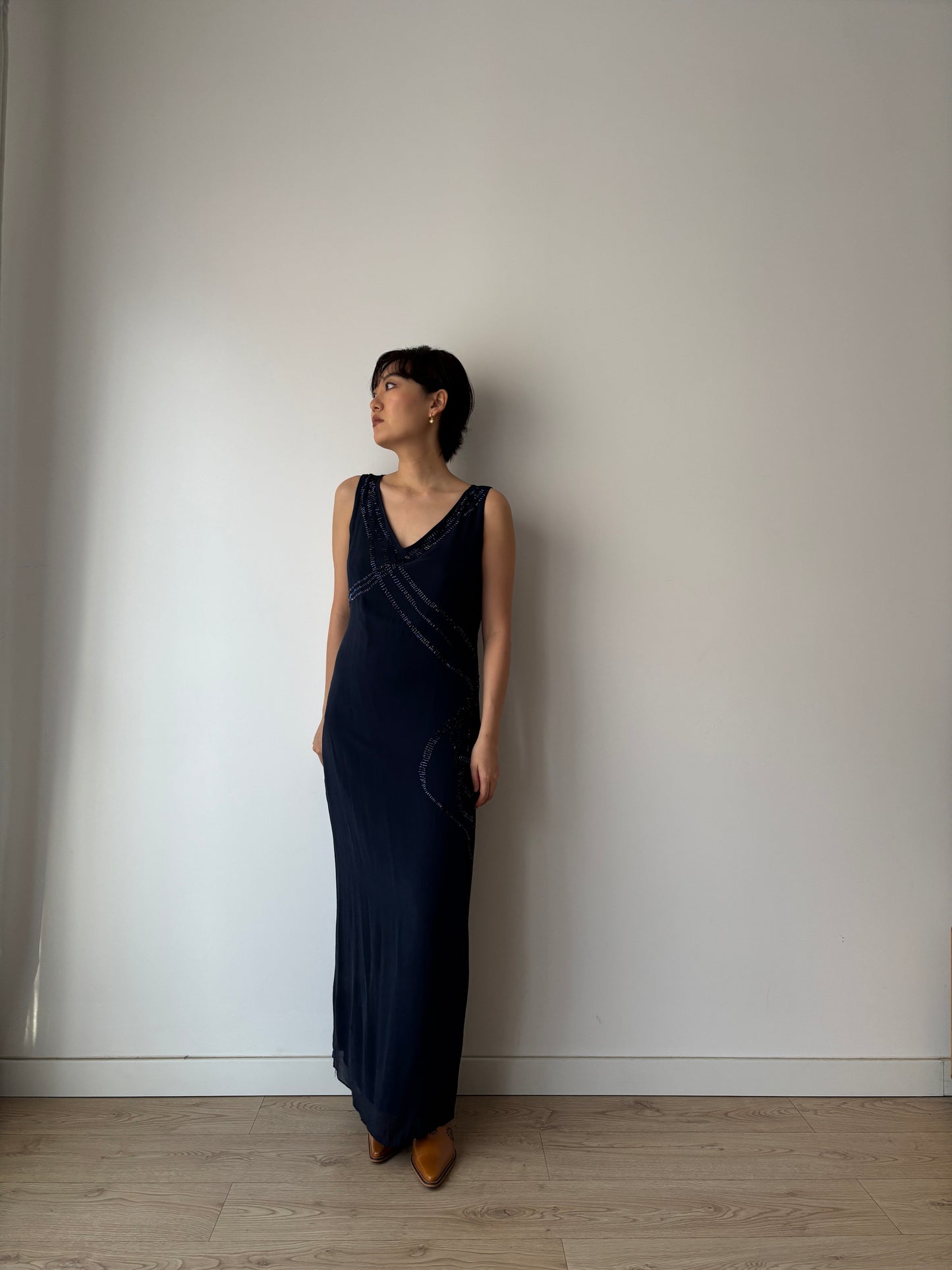 Y2K Dark Blue Beaded Silk Dress: Sleeveless with Back Slit & Left Side Zipper