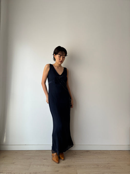 Y2K Dark Blue Beaded Silk Dress: Sleeveless with Back Slit & Left Side Zipper