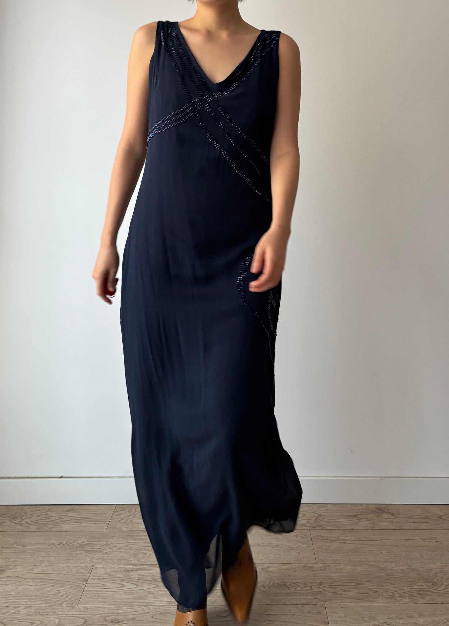 Y2K Dark Blue Beaded Silk Dress: Sleeveless with Back Slit & Left Side Zipper