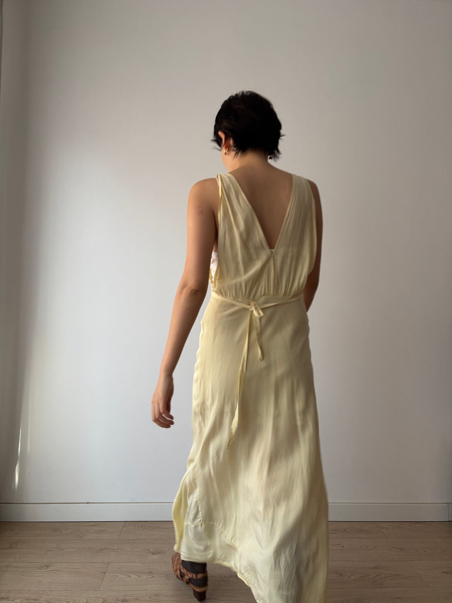 1940s Yellow Lace Floral Embroidered Satin Slip Dress: Bias Cut Maxi